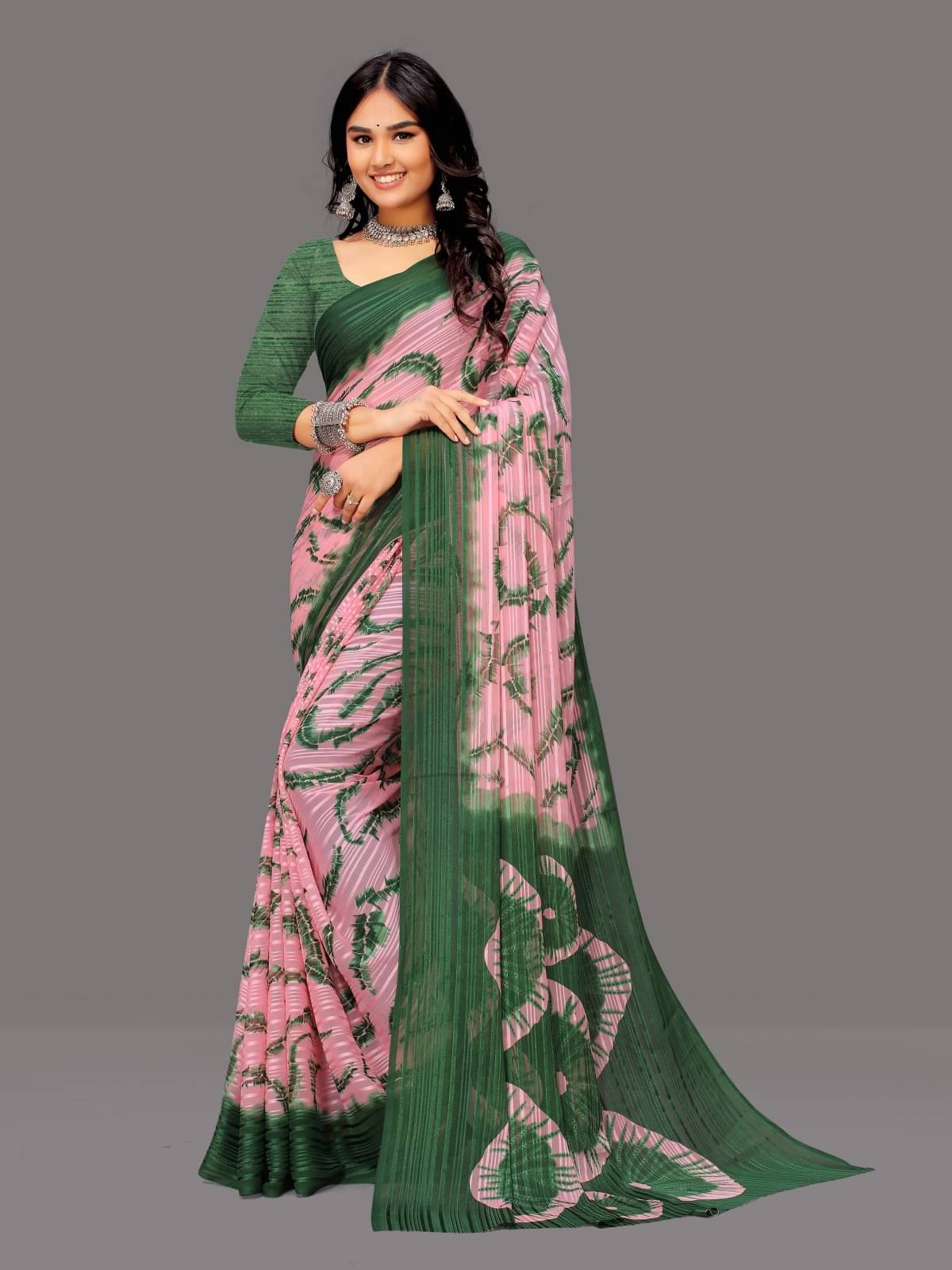 Sanjana Silk Georgette Printed Saree With Unstitched Blouse Piece ( Green )     			Sanjana Silk Georgette Printed Saree With Unstitched Blouse Piece ( Green )