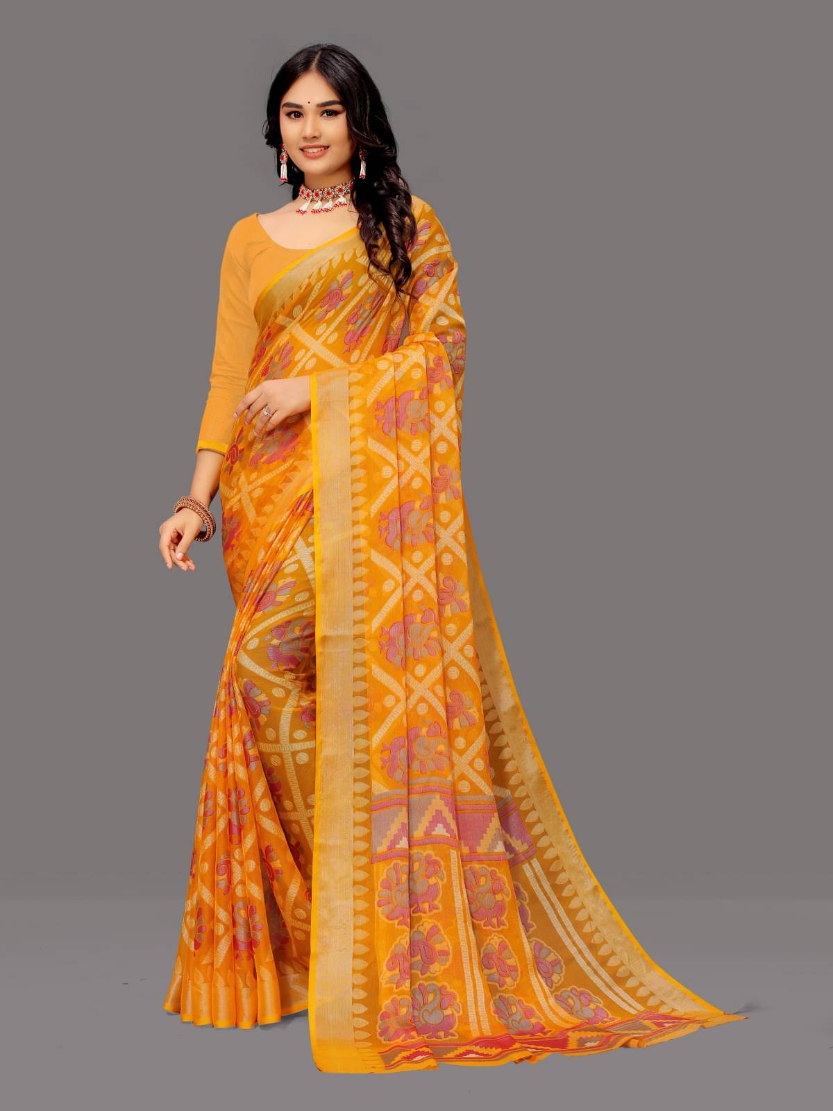 Sanjana Silk Brasso Printed Saree With Unstitched Blouse Piece ( Yellow )     			Sanjana Silk Brasso Printed Saree With Unstitched Blouse Piece ( Yellow )
