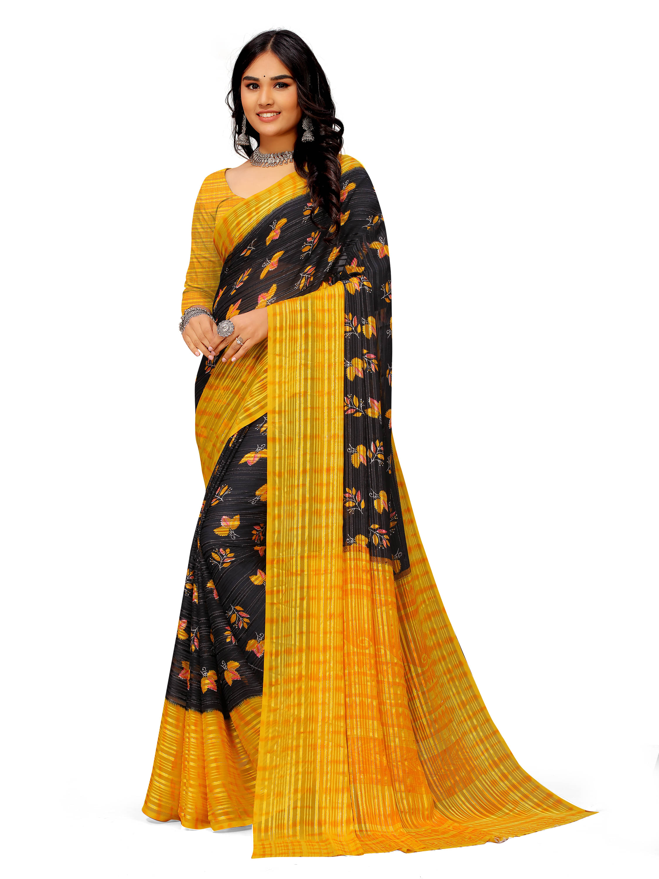     			Sanjana Silk Georgette Printed Saree With Unstitched Blouse Piece ( Yellow )