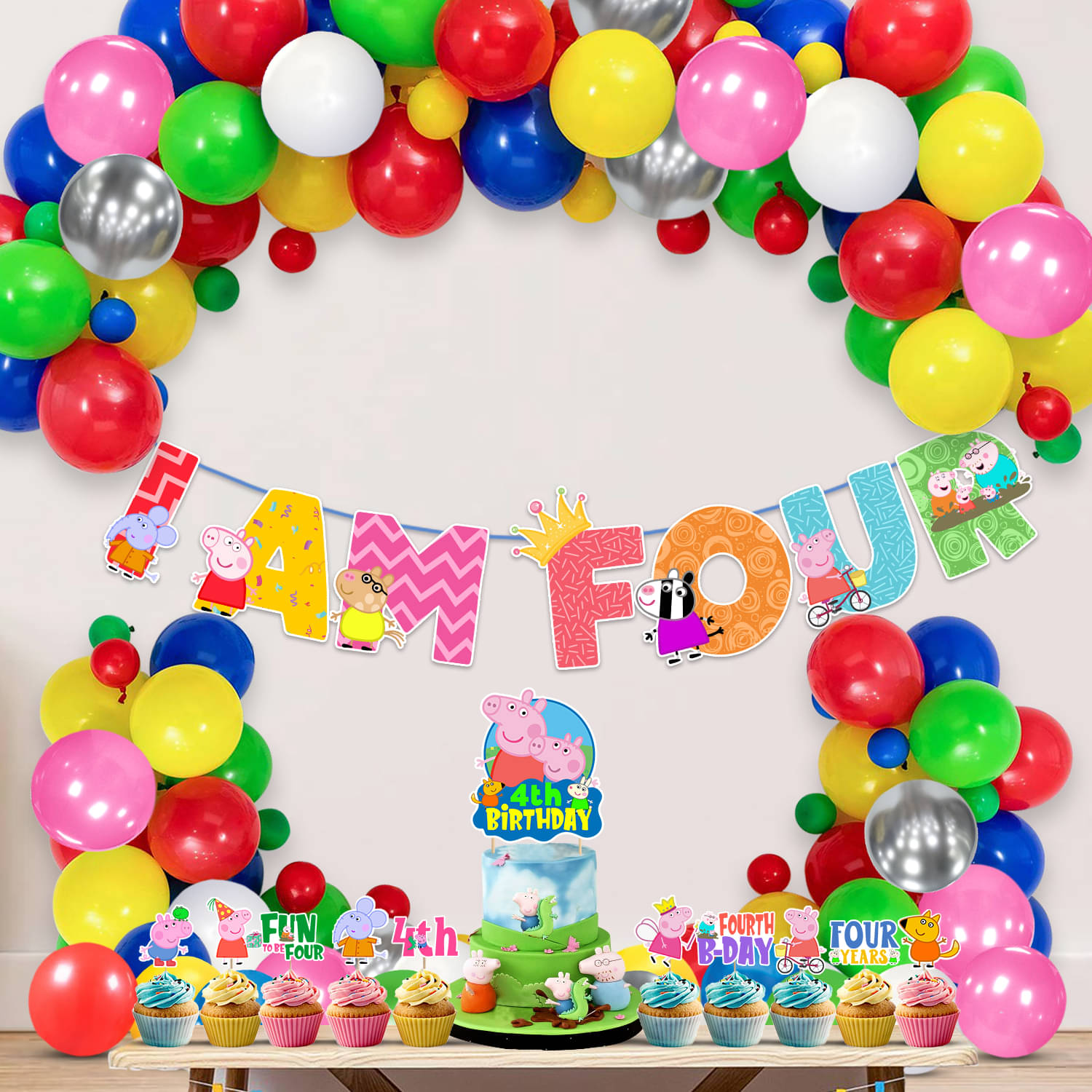     			Zyozi Multicolor Peppa Pig Birthday Party Decorations Combo Include Happy Birthday Banner, Cake Topper, Balloons, Cupcake Toppers, Pig Party Supplies for Kids (Pack of 37) (4th BIRTHDAY)