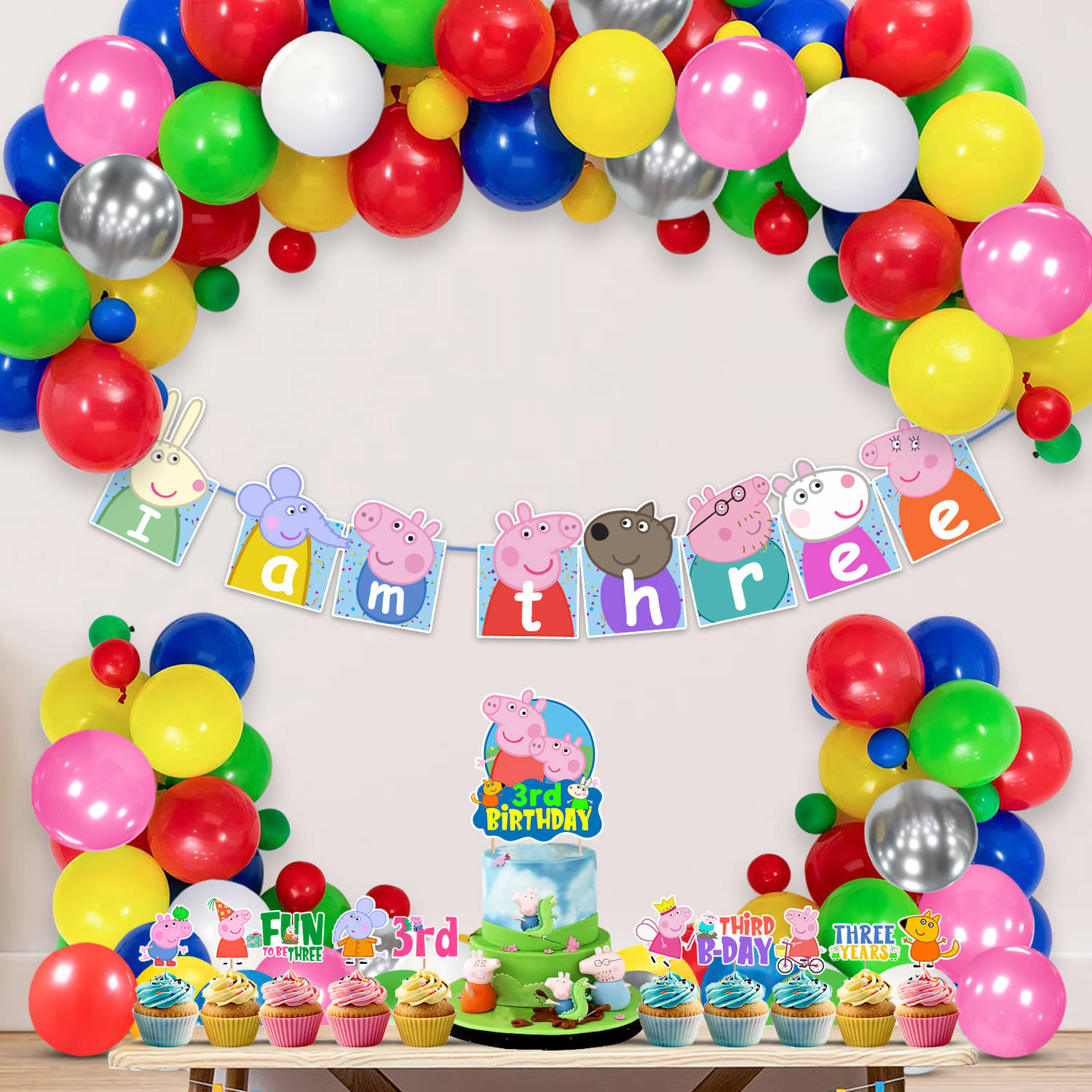     			Zyozi Peppa Pig 3rd Birthday Party Decorations Combo Include Happy Birthday Banner, Pepaa Pig Cake Topper, Multicolor Balloons, Cupcake Toppers, Pig Party Supplies for Kids (Pack of 37)