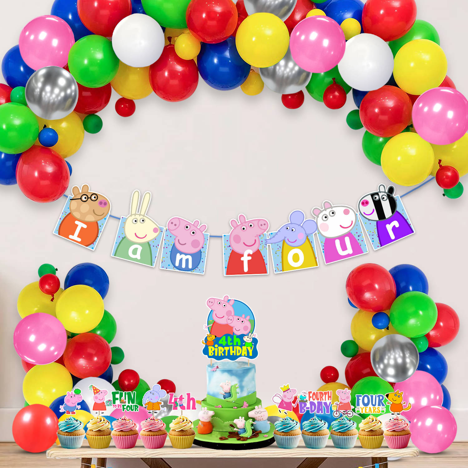     			Zyozi Peppa Pig 4th Birthday Party Decorations Combo Include Happy Birthday Banner, Pepaa Pig Cake Topper, Multicolor Balloons, Cupcake Toppers, Pig Party Supplies for Kids (Pack of 37)