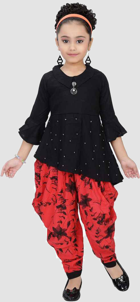     			9stiches - Red Rayon Girls Top With Dhoti ( Pack of 1 )