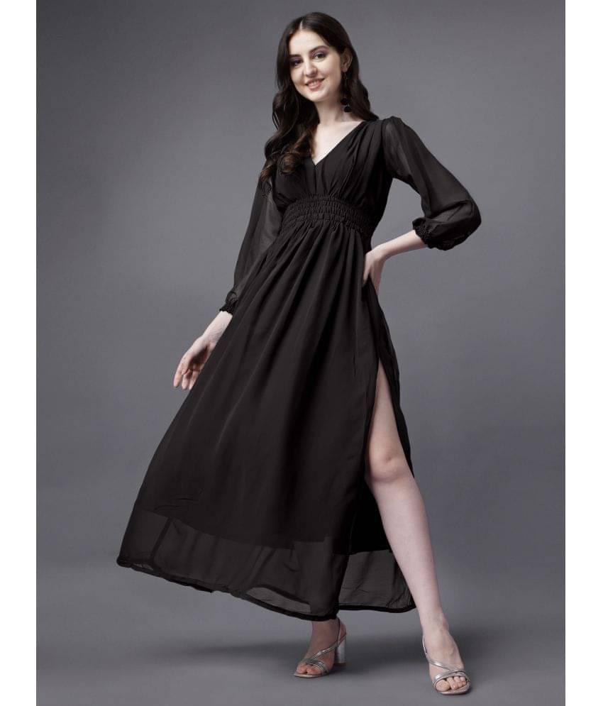 JASH CREATION Women Georgette Solid Side Slit Dress ( Black ) JASH CREATION Women Georgette Solid Side Slit Dress ( Black )