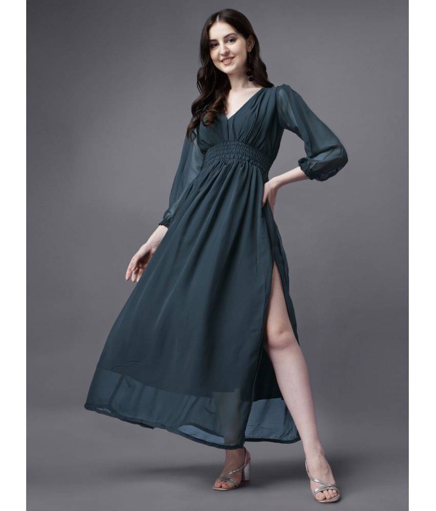 JASH CREATION Women Georgette Solid Side Slit Dress ( Blue ) JASH CREATION Women Georgette Solid Side Slit Dress ( Blue )