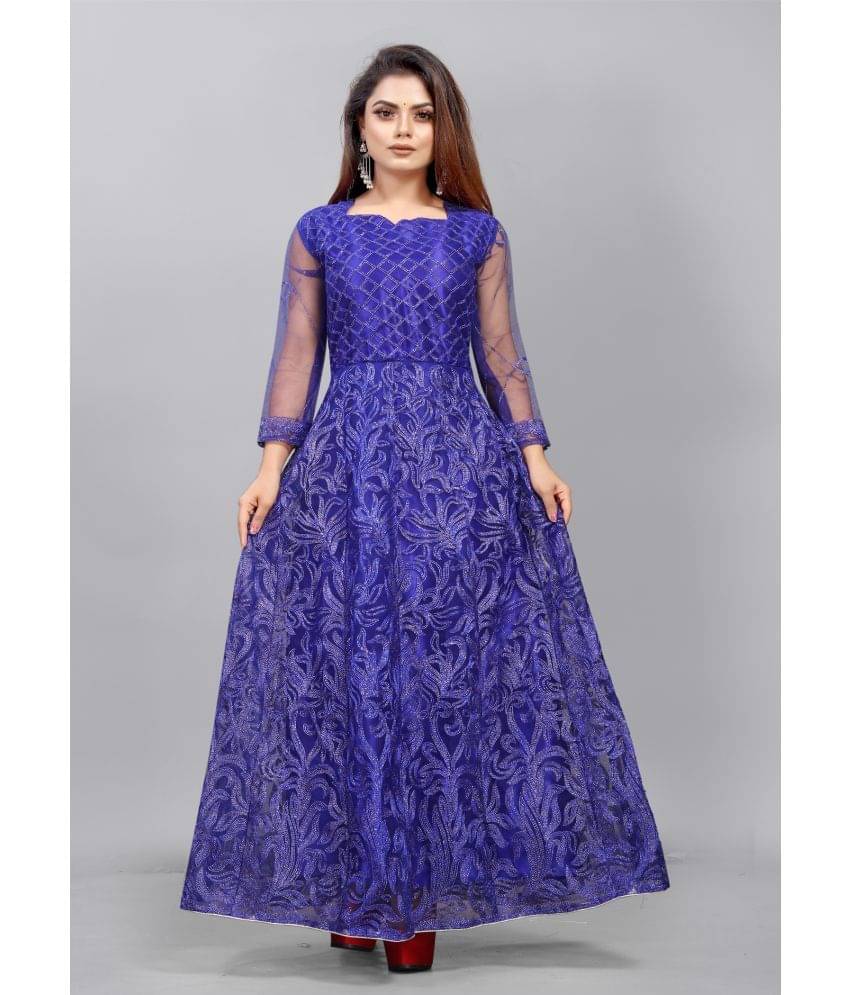 JULEE - Blue Flared Net Women's Semi Stitched Ethnic Gown ( Pack of 1 ) JULEE - Blue Flared Net Women's Semi Stitched Ethnic Gown ( Pack of 1 )