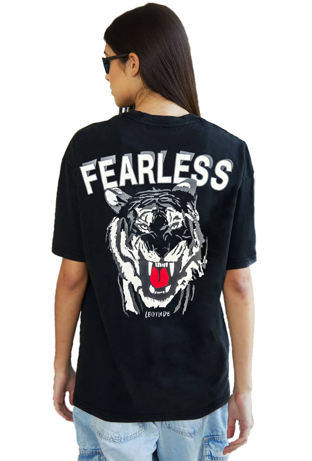 Leotude Women Cotton Blend Printed Oversized Fit Round Neck T-Shirt ( Black )