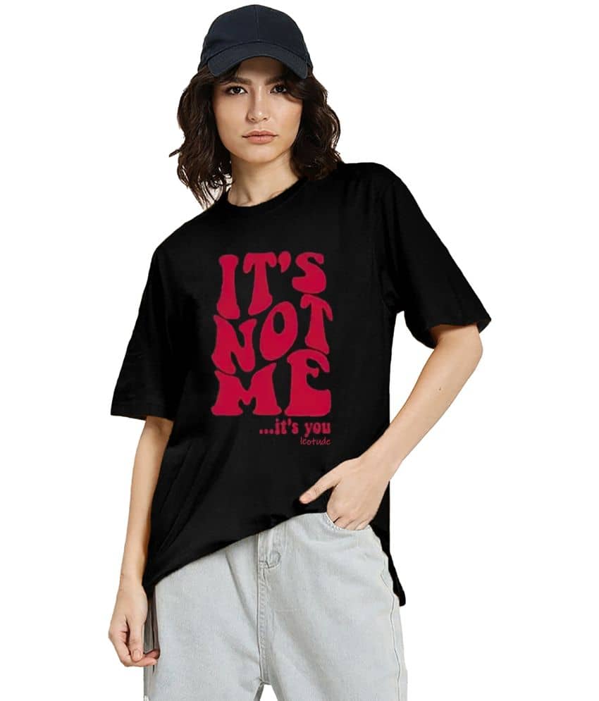 Leotude Women Cotton Blend Printed Oversized Fit Round Neck T-Shirt ( Black )