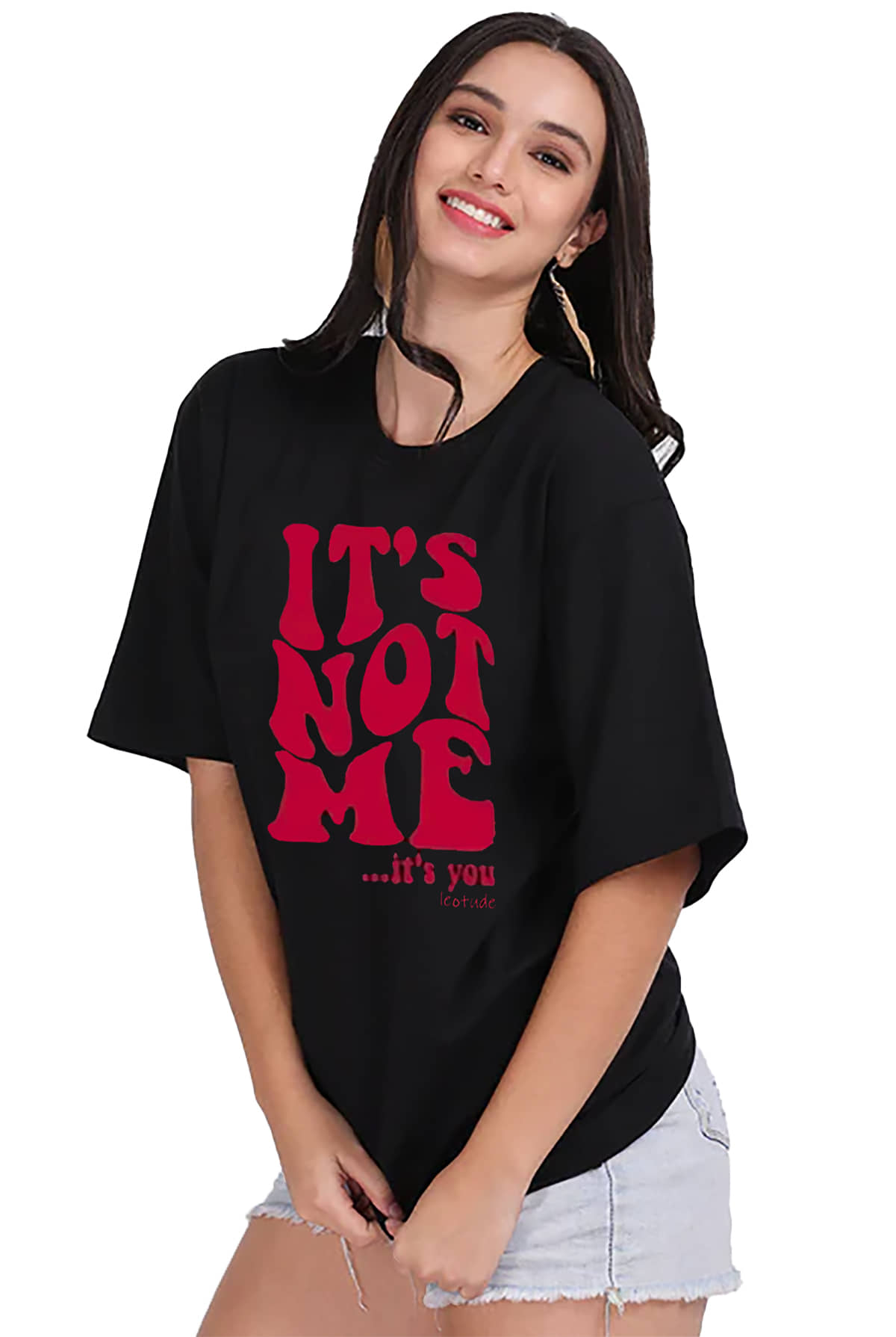 Leotude Women Cotton Blend Printed Oversized Fit Round Neck T-Shirt ( Black )