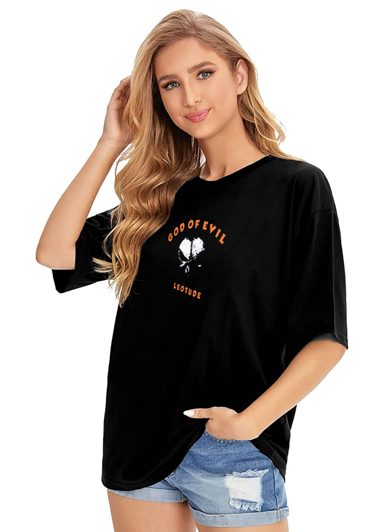 Leotude Women Cotton Blend Printed Oversized Fit Round Neck T-Shirt ( Black )