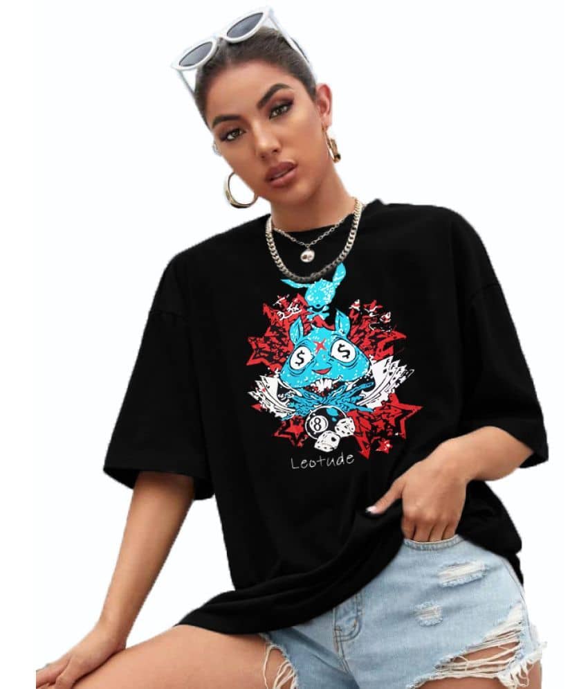 Leotude Women Cotton Blend Printed Oversized Fit Round Neck T-Shirt ( Black )