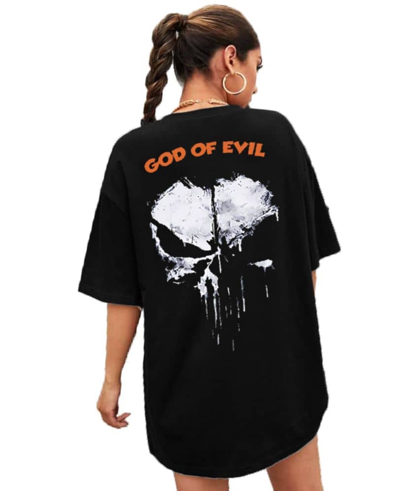 Leotude Women Cotton Blend Printed Oversized Fit Round Neck T-Shirt ( Black )
