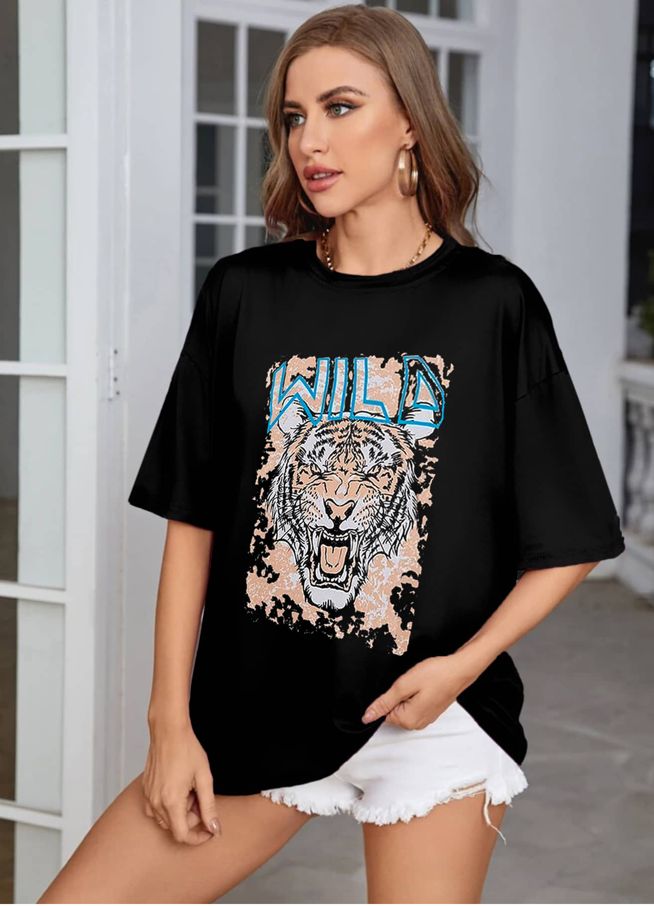 Leotude Women Cotton Blend Printed Oversized Fit Round Neck T-Shirt ( Black )