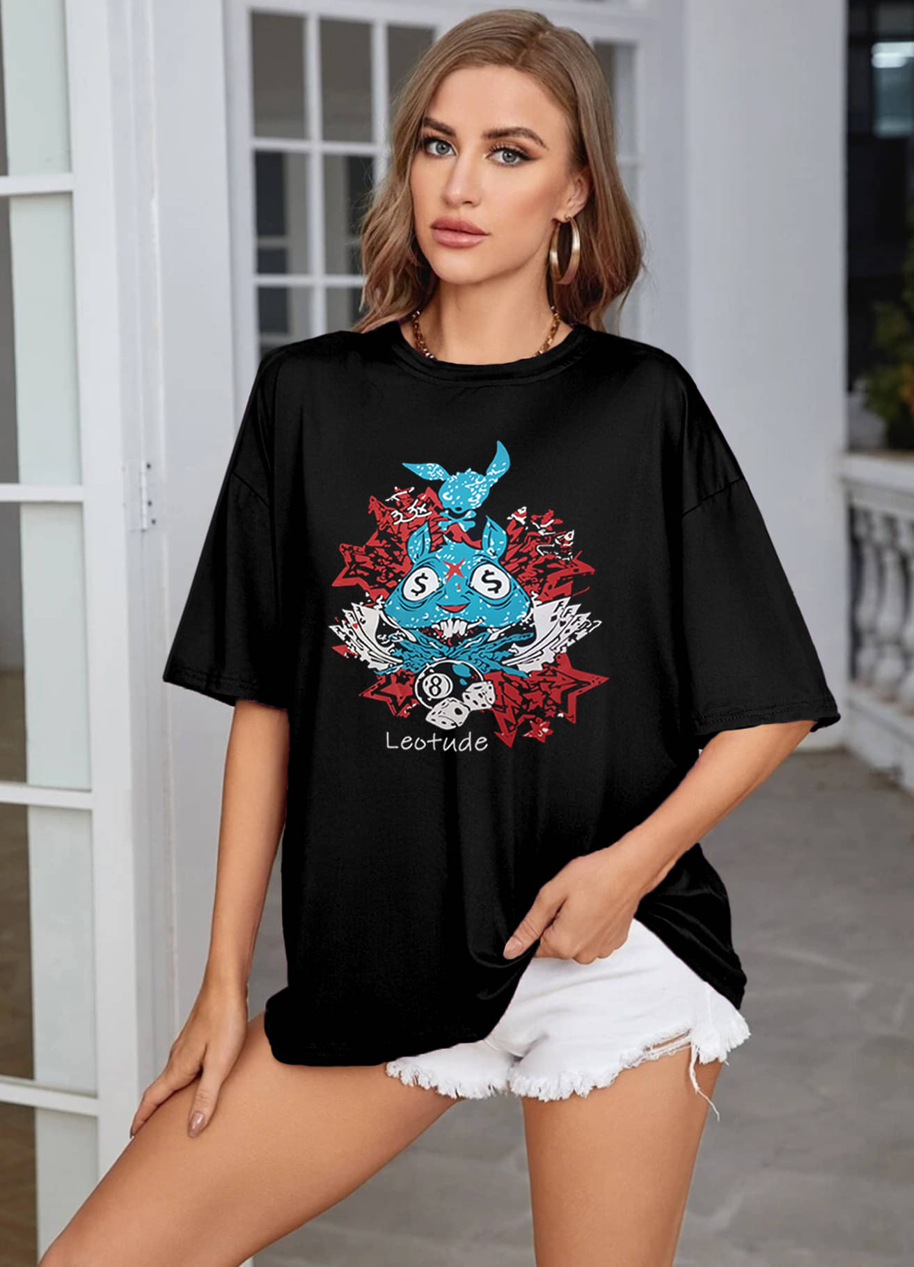     			Leotude Women Cotton Blend Printed Oversized Fit Round Neck T-Shirt ( Black )