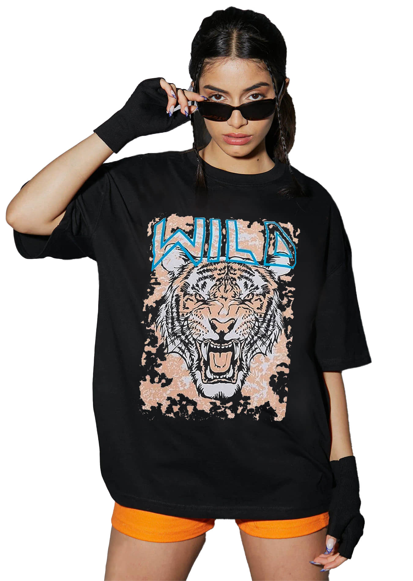 Leotude Women Cotton Blend Printed Oversized Fit Round Neck T-Shirt ( Black )