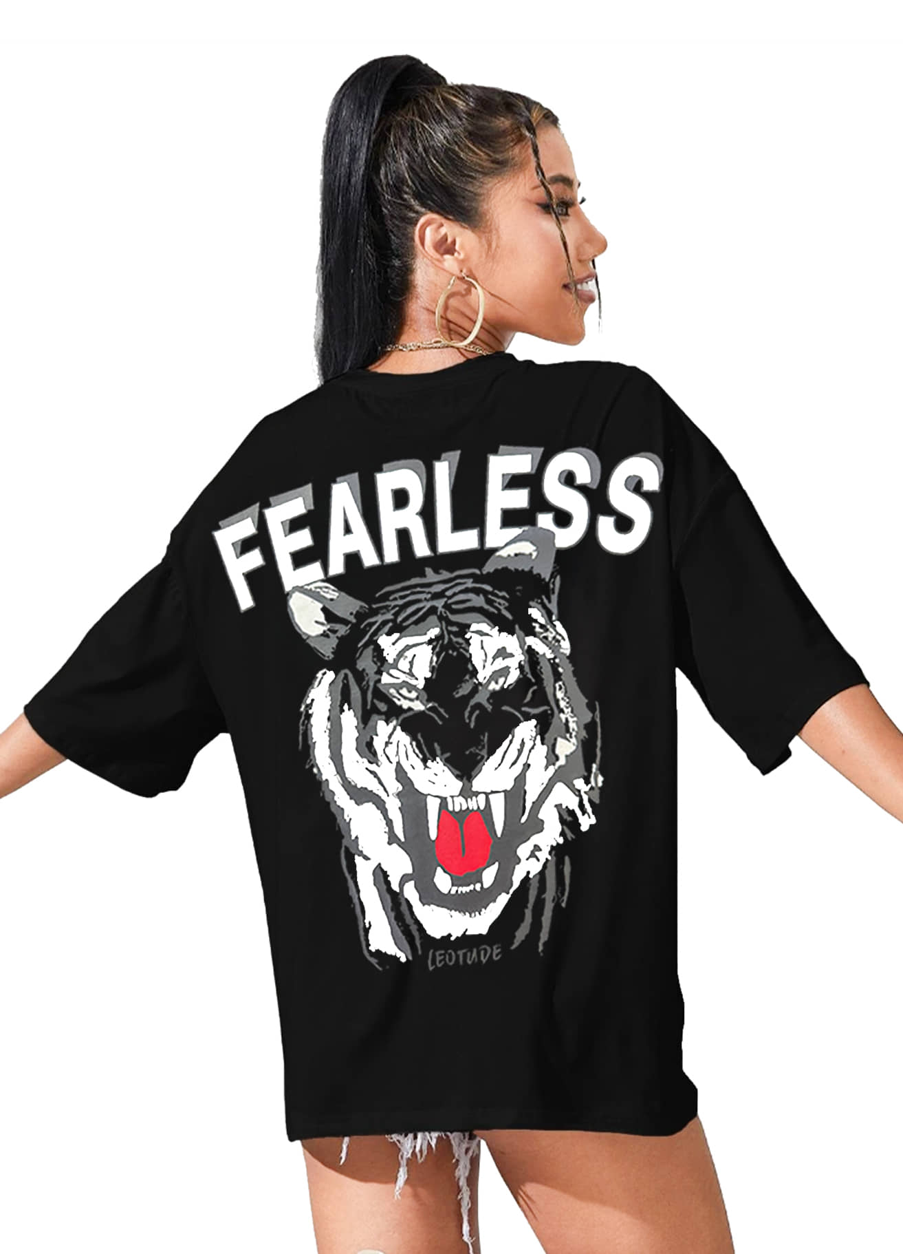Leotude Women Cotton Blend Printed Oversized Fit Round Neck T-Shirt ( Black )
