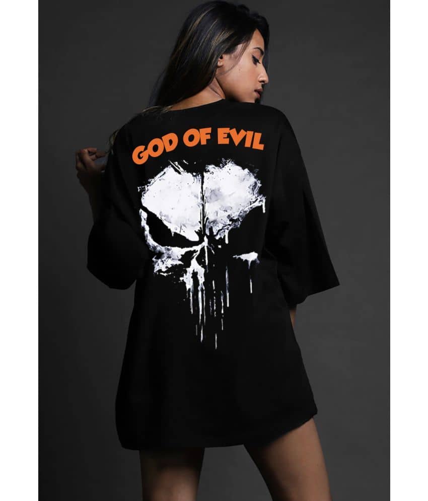 Leotude Women Cotton Blend Printed Oversized Fit Round Neck T-Shirt ( Black )