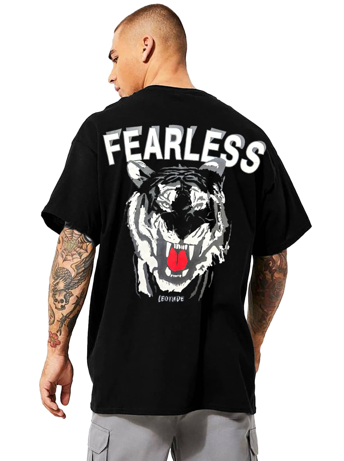 Leotude Men Cotton Blend Oversized Fit Printed T-Shirt ( Black )