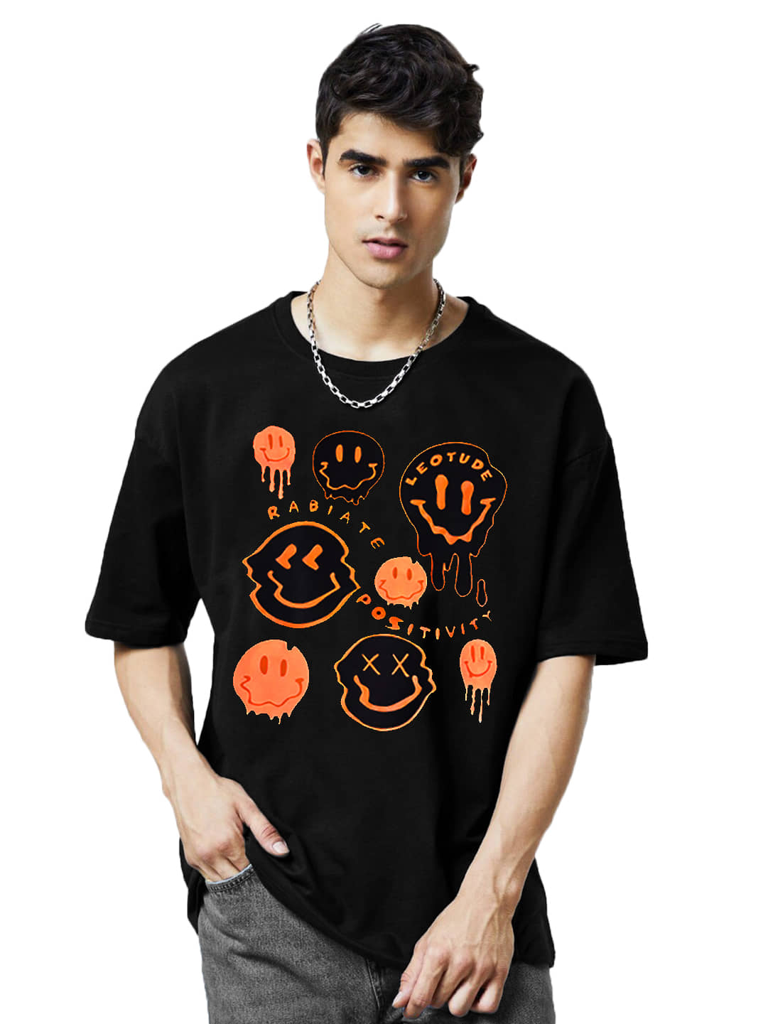 Leotude Men Cotton Blend Oversized Fit Printed T-Shirt ( Black )