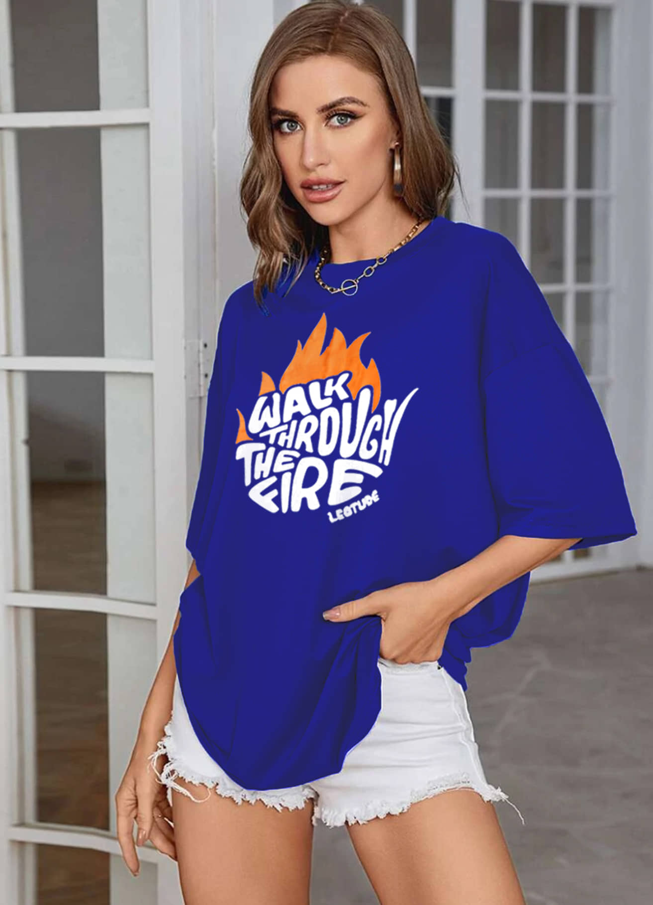 Leotude Women Cotton Blend Printed Oversized Fit Round Neck T-Shirt ( Blue )