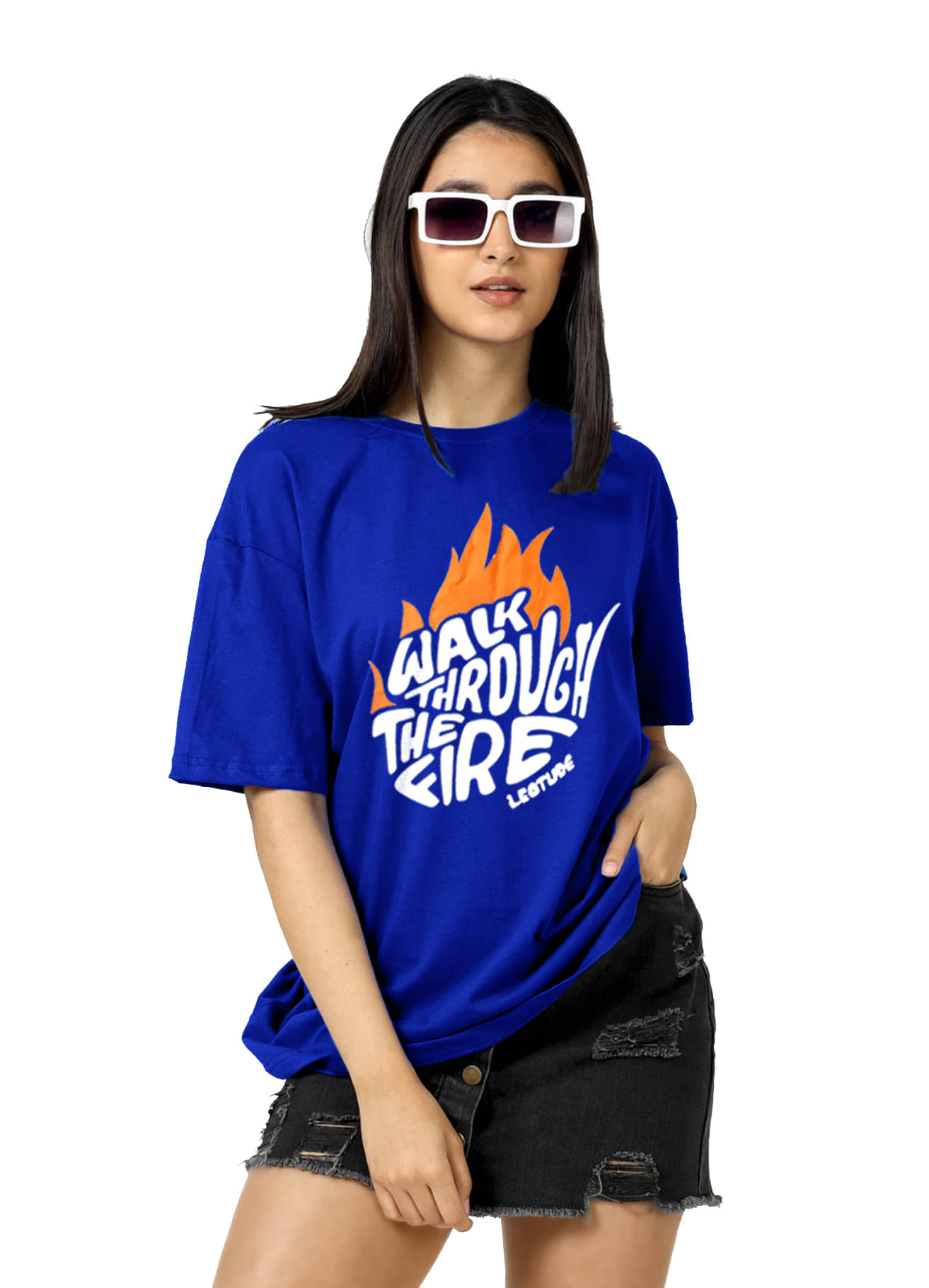 Leotude Women Cotton Blend Printed Oversized Fit Round Neck T-Shirt ( Blue )