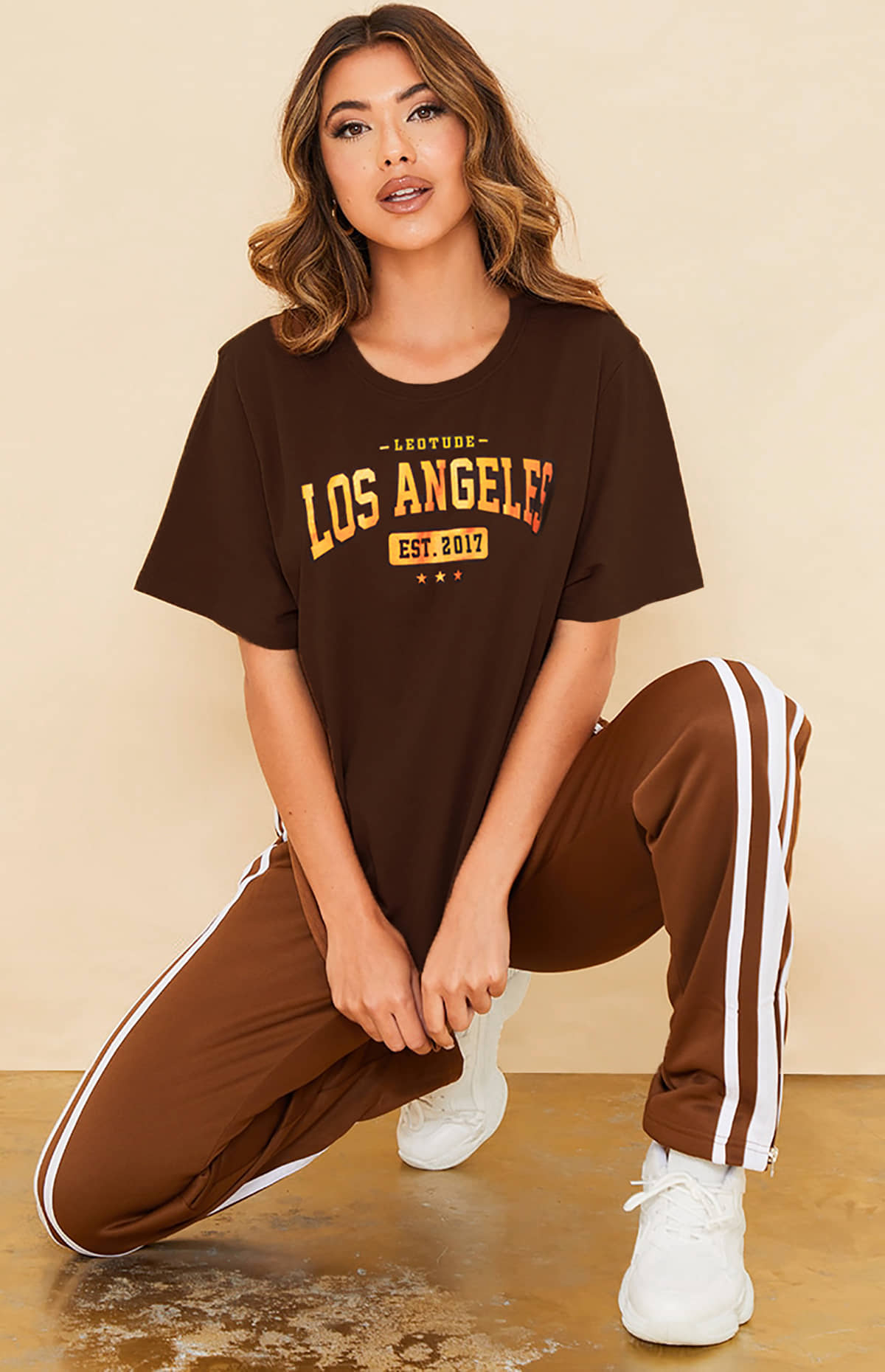 Leotude Women Cotton Blend Printed Oversized Fit Round Neck T-Shirt ( Brown )