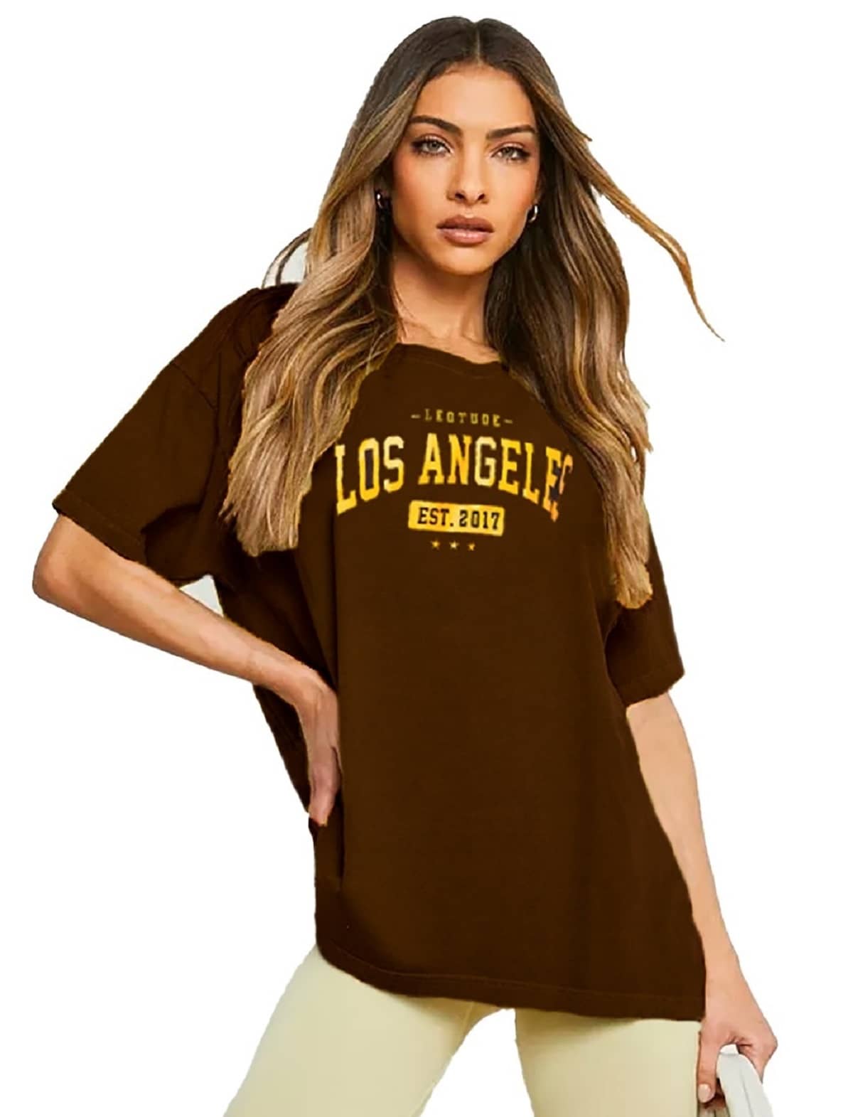 Leotude Women Cotton Blend Printed Oversized Fit Round Neck T-Shirt ( Brown )