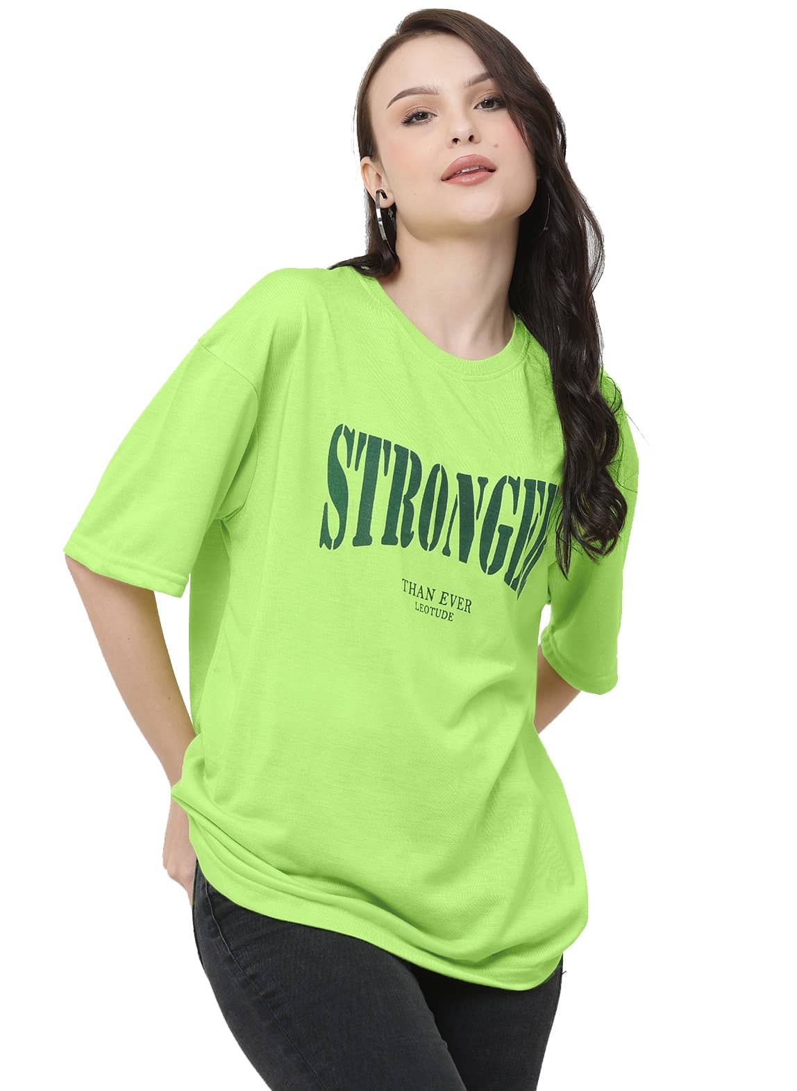 Leotude Women Cotton Blend Printed Oversized Fit Round Neck T-Shirt ( Green )