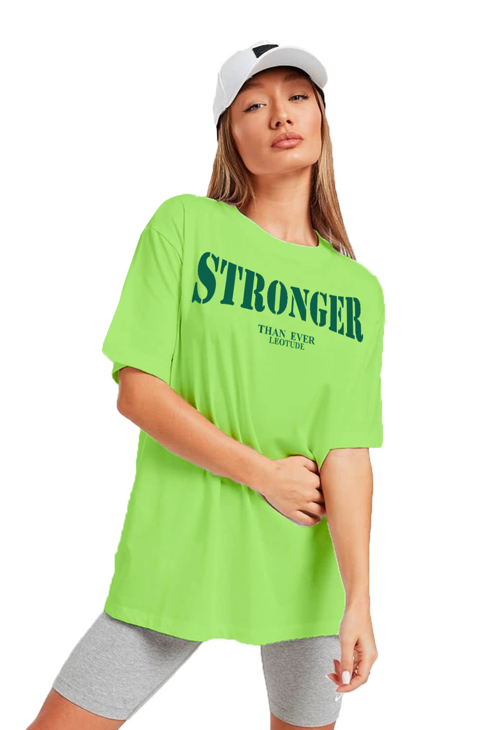 Leotude Women Cotton Blend Printed Oversized Fit Round Neck T-Shirt ( Green )
