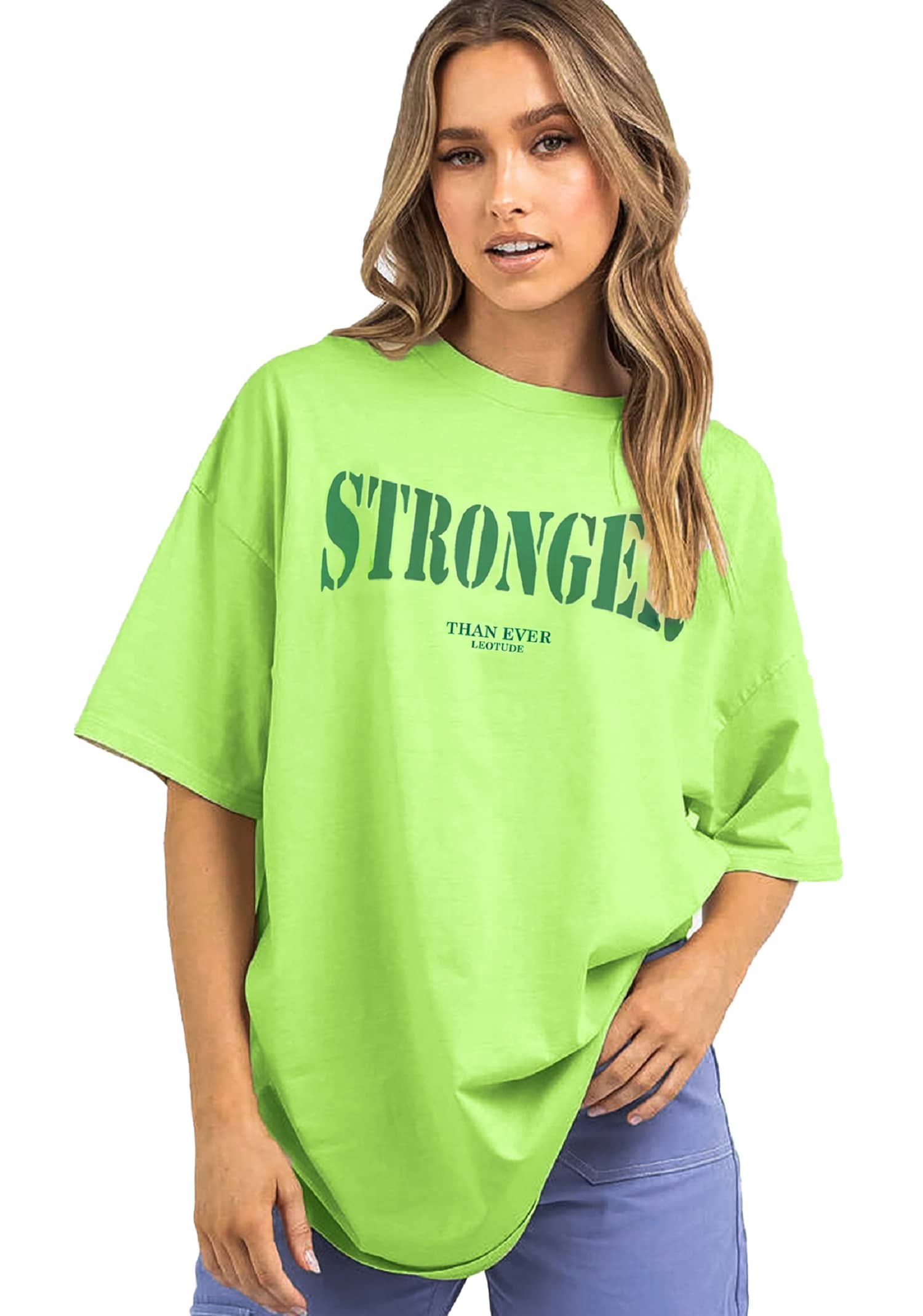 Leotude Women Cotton Blend Printed Oversized Fit Round Neck T-Shirt ( Green )