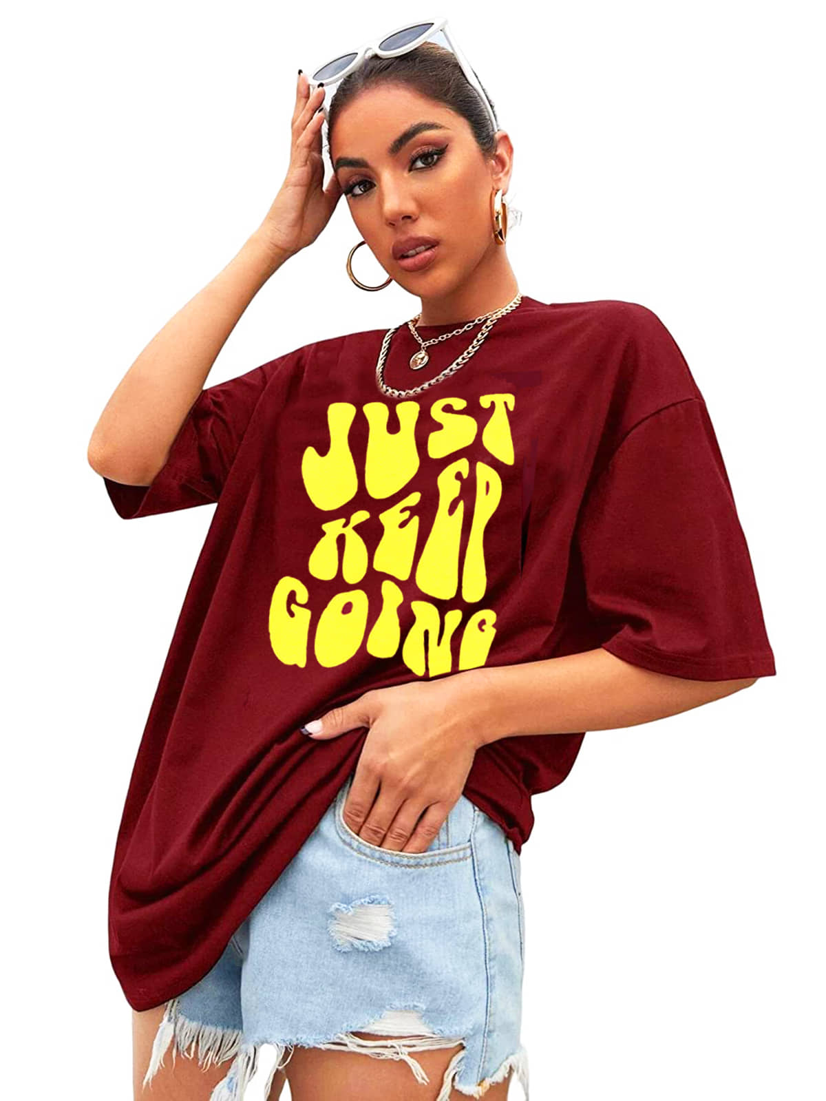 Leotude Women Cotton Blend Printed Oversized Fit Round Neck T-Shirt ( Maroon )