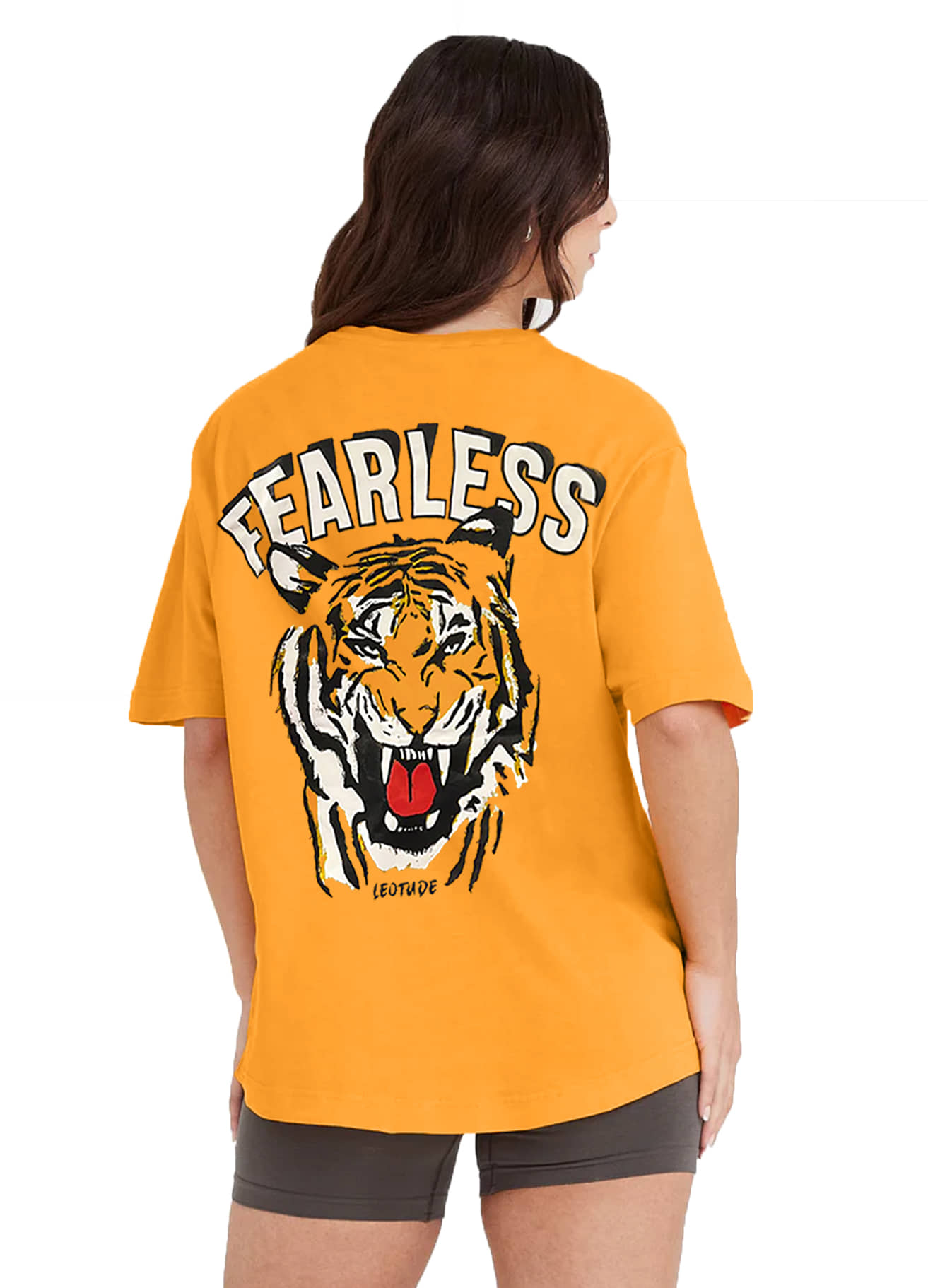 Leotude Women Cotton Blend Printed Oversized Fit Round Neck T-Shirt ( Mustard )