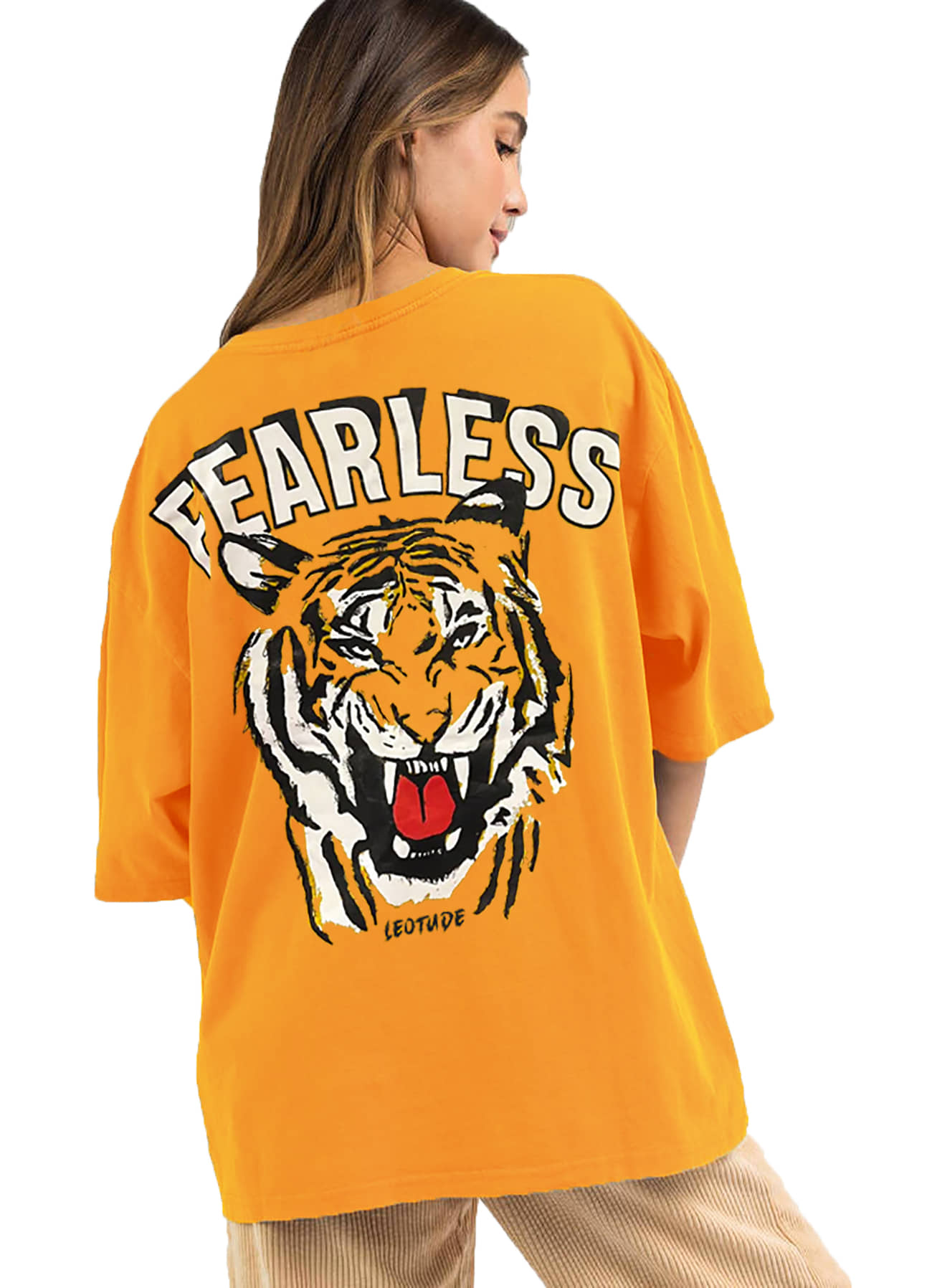 Leotude Women Cotton Blend Printed Oversized Fit Round Neck T-Shirt ( Mustard )
