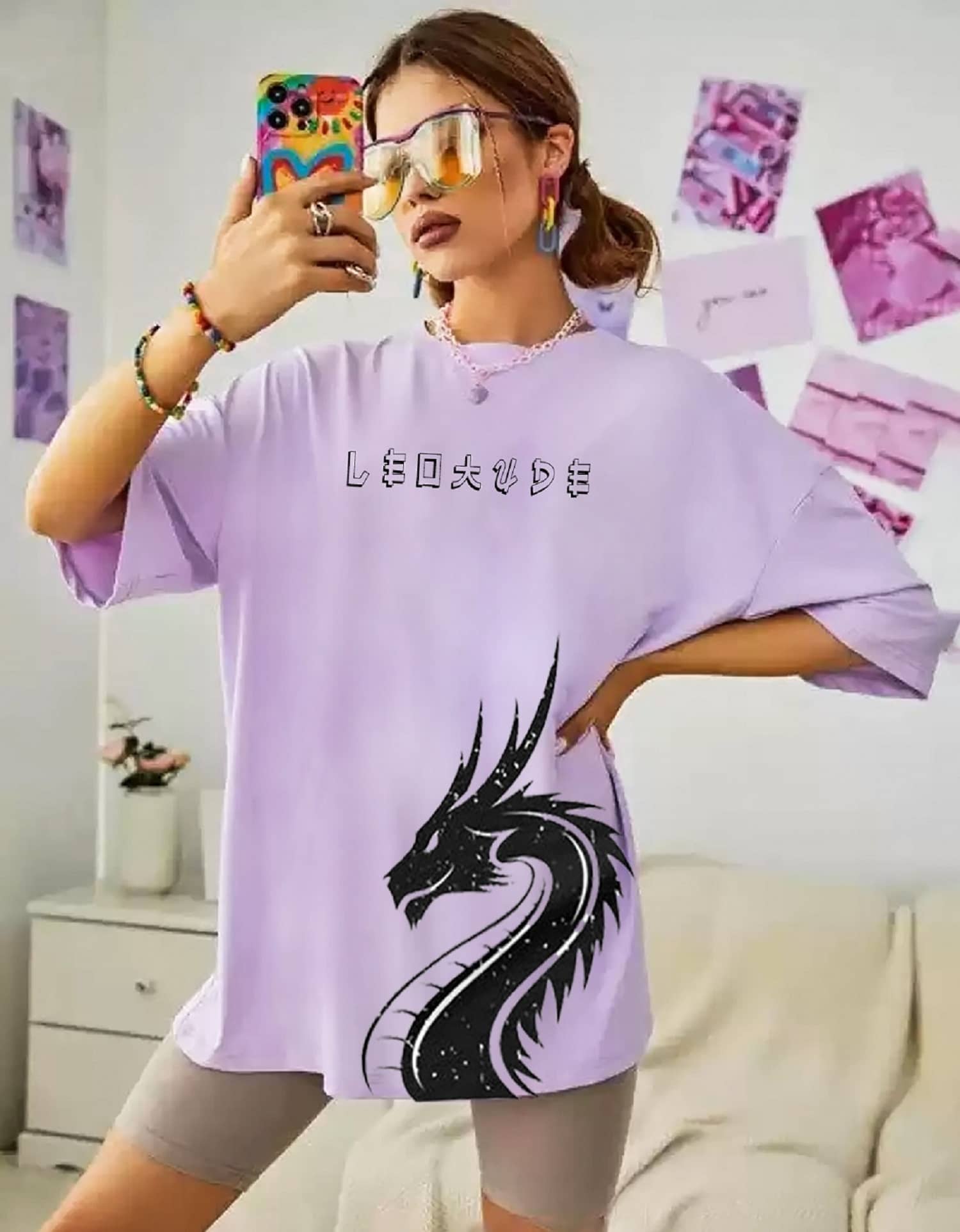 Leotude Women Cotton Blend Printed Oversized Fit Round Neck T-Shirt ( Purple )