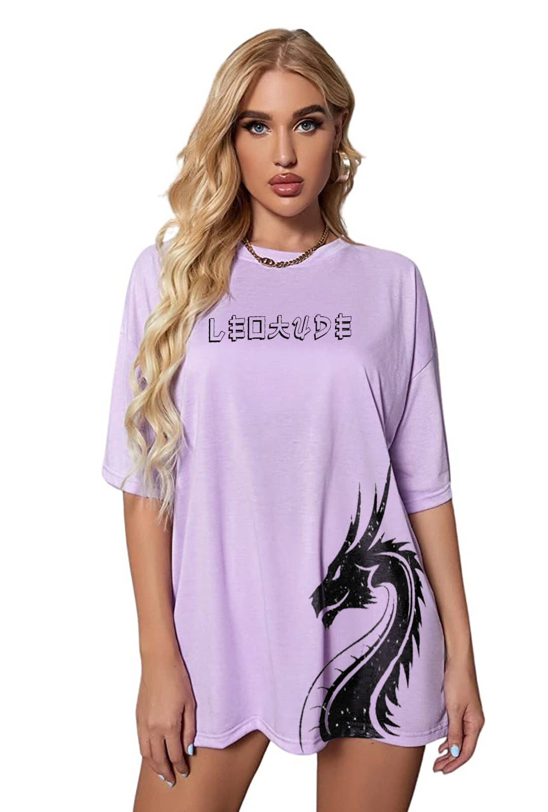 Leotude Women Cotton Blend Printed Oversized Fit Round Neck T-Shirt ( Purple )