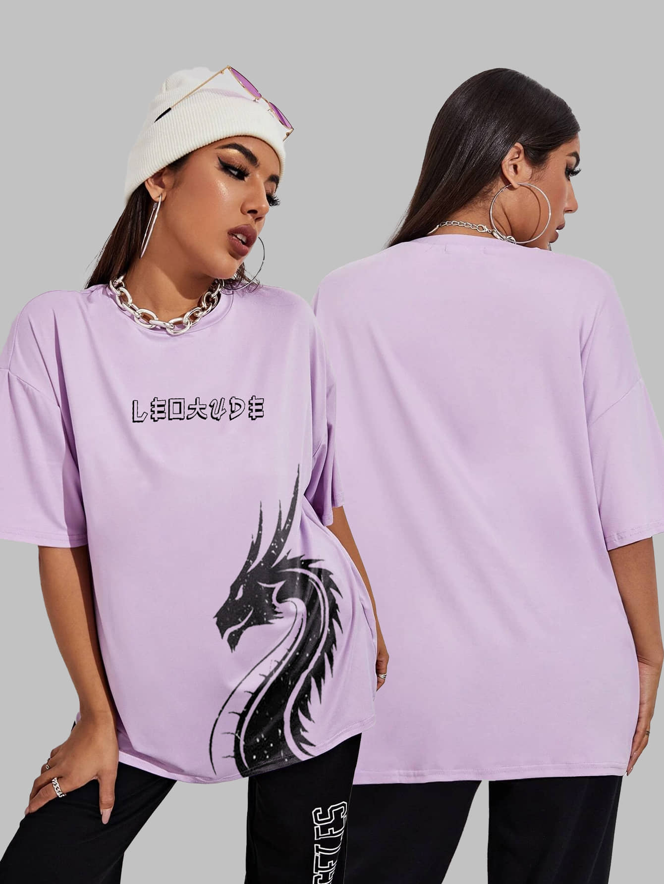 Leotude Women Cotton Blend Printed Oversized Fit Round Neck T-Shirt ( Purple )