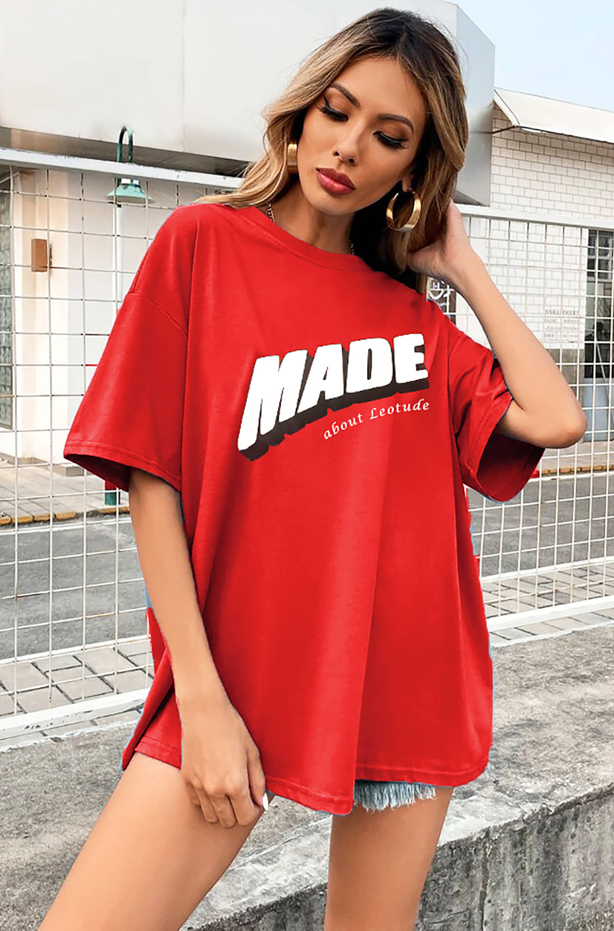 Leotude Women Cotton Blend Printed Oversized Fit Round Neck T-Shirt ( Red )