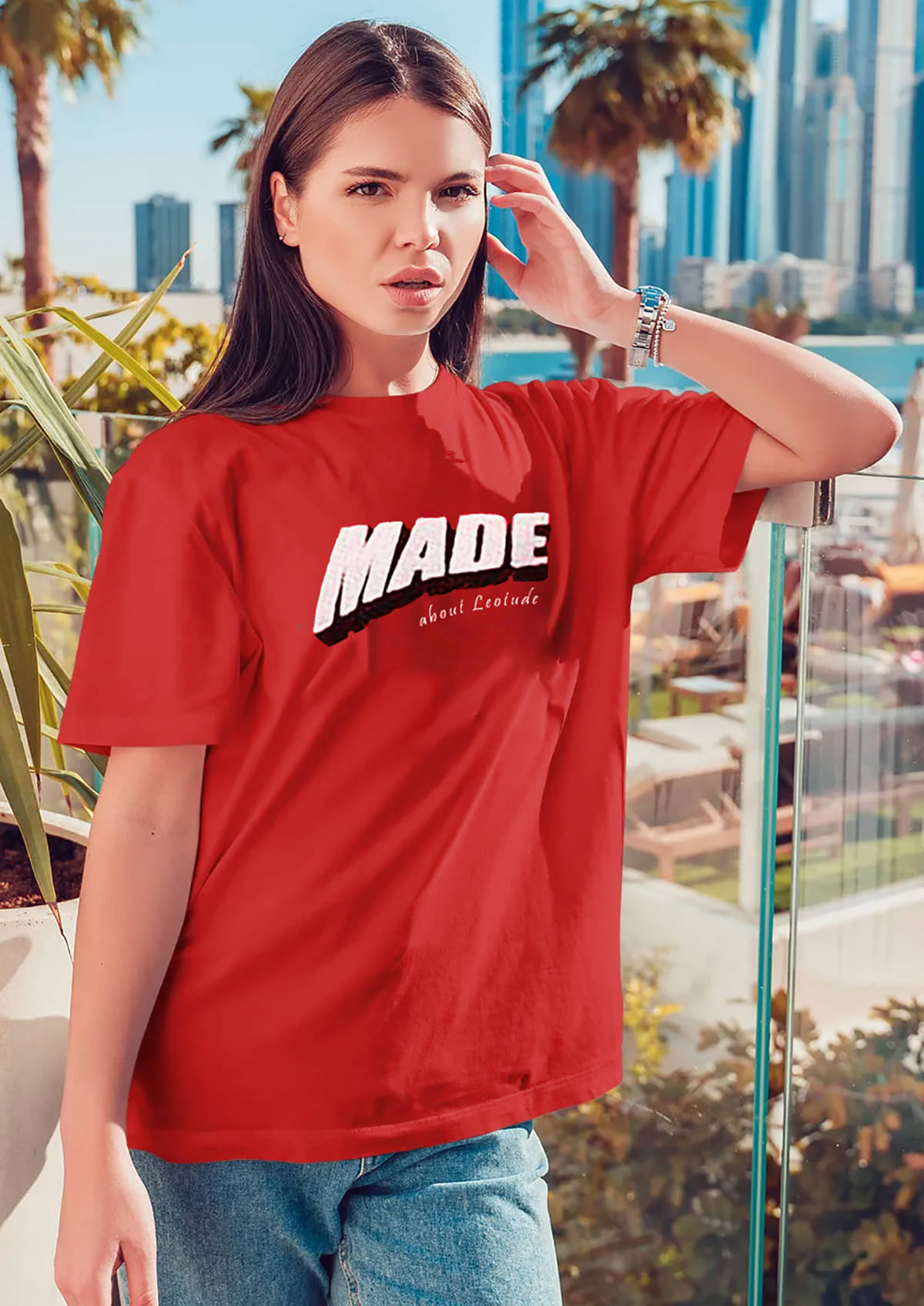     			Leotude Women Cotton Blend Printed Oversized Fit Round Neck T-Shirt ( Red )
