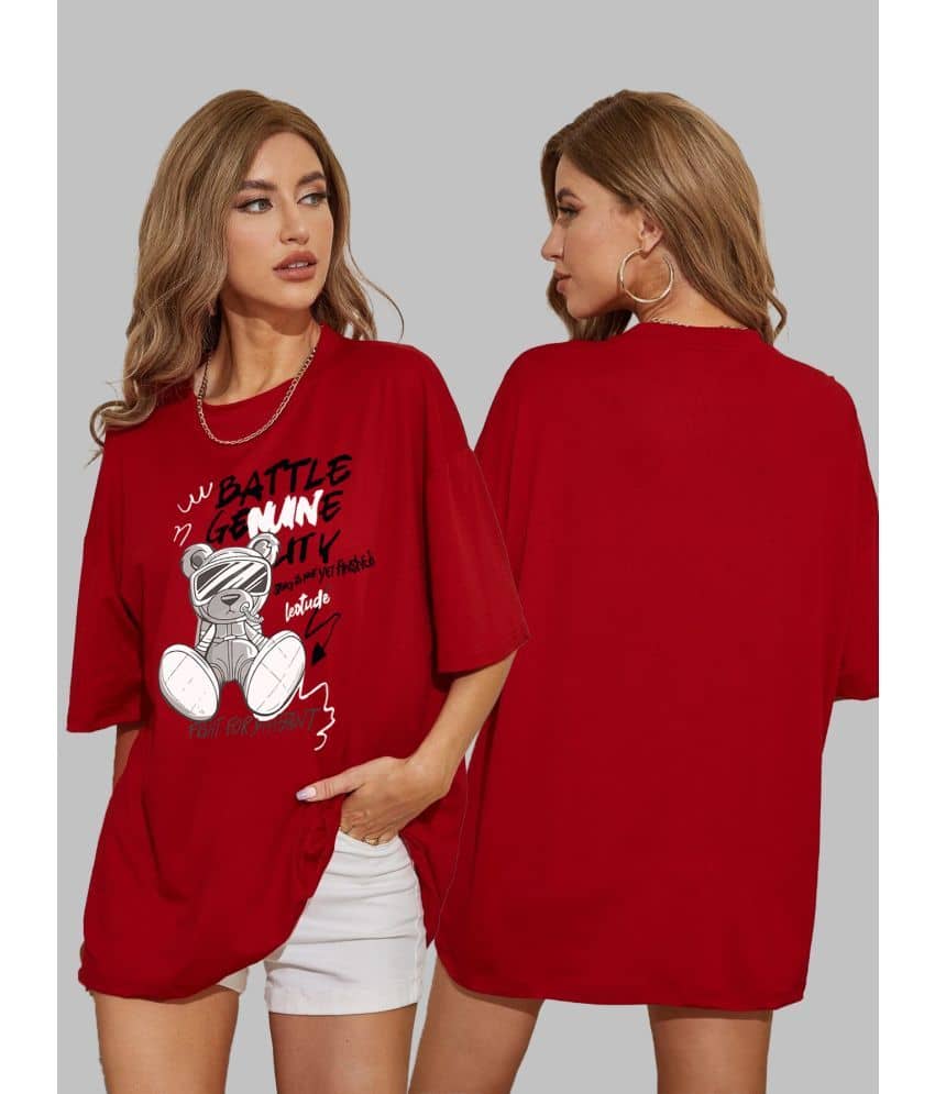 Leotude Women Cotton Blend Printed Oversized Fit Round Neck T-Shirt ( Red )