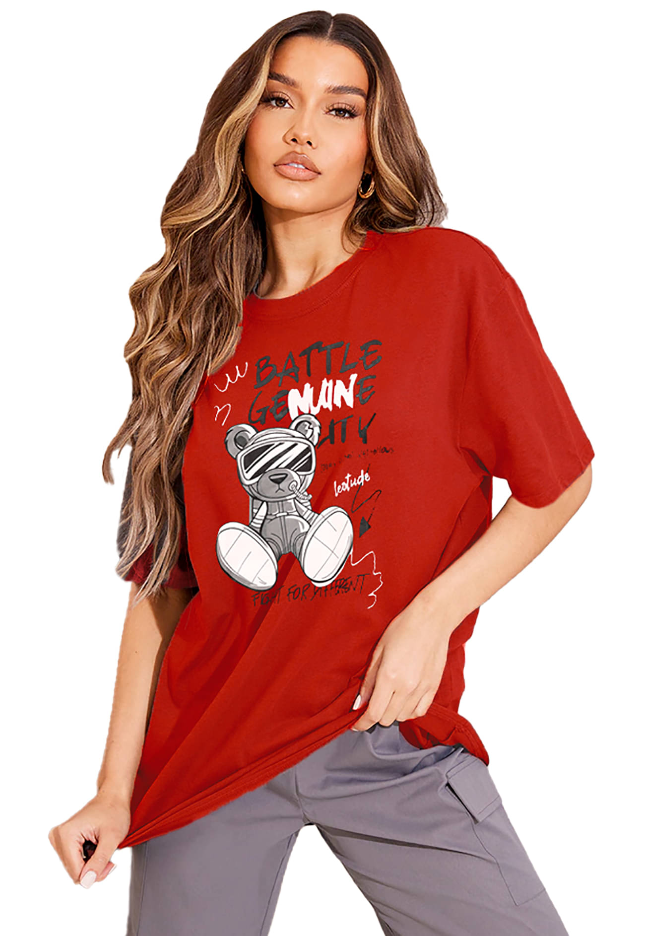     			Leotude Women Cotton Blend Printed Oversized Fit Round Neck T-Shirt ( Red )