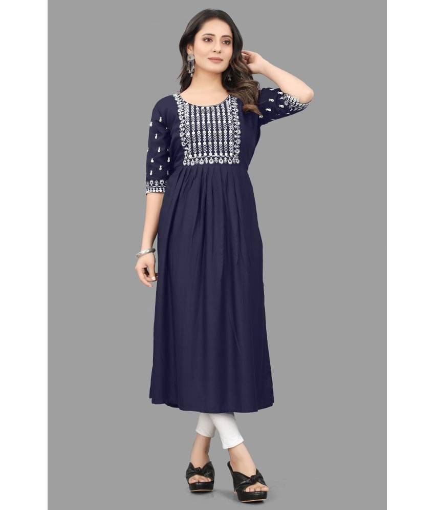MATHAE - Blue Rayon Women's A-line Kurti ( Pack of 1 ) MATHAE - Blue Rayon Women's A-line Kurti ( Pack of 1 )