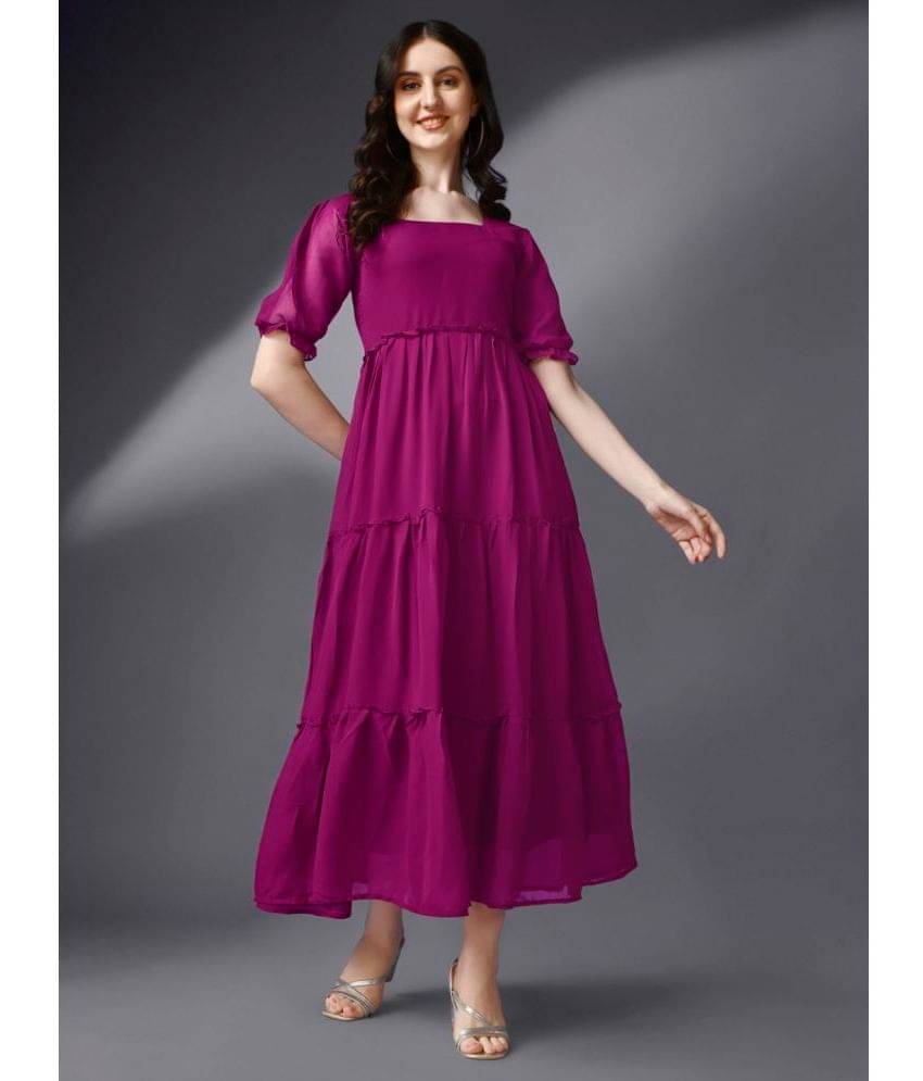 RAIYANI FASHION Women Georgette Solid Fit & Flare Dress ( Magenta ) RAIYANI FASHION Women Georgette Solid Fit & Flare Dress ( Magenta )