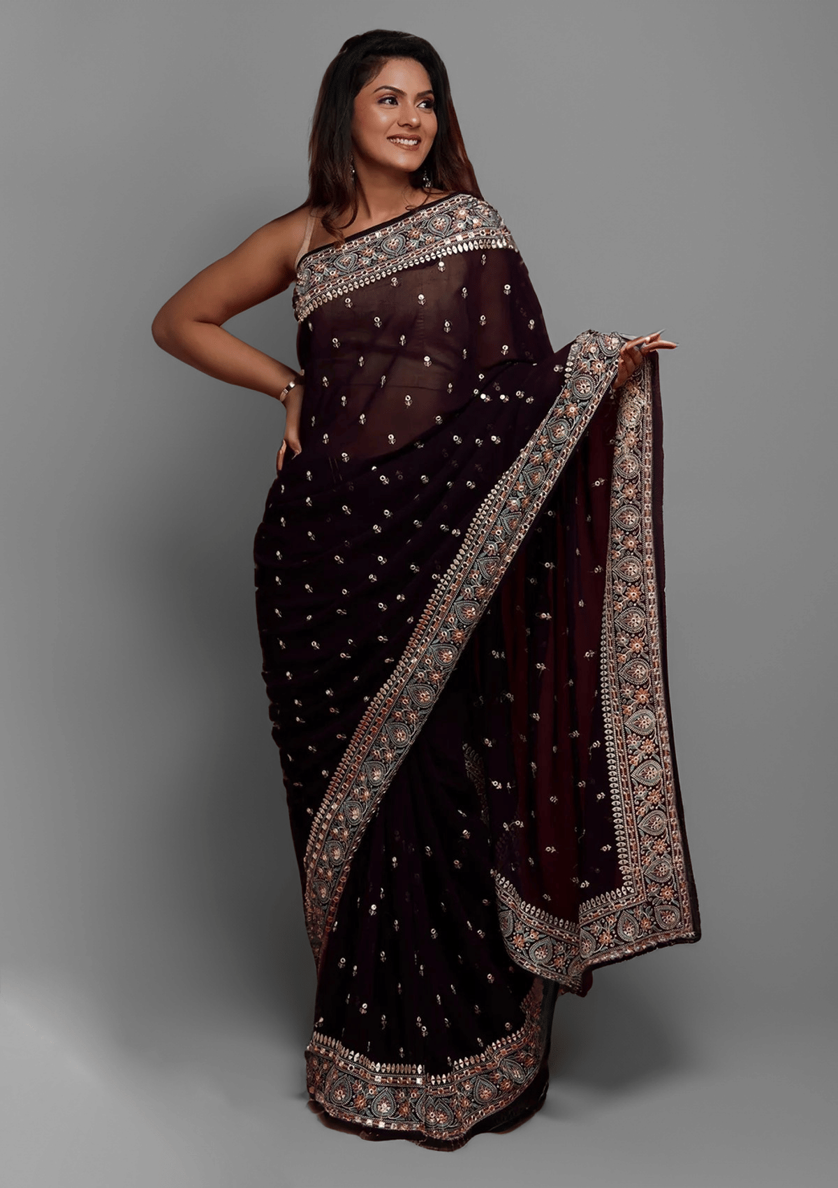 Estela Georgette Embellished Saree With Unstitched Blouse Piece ( Black ) Estela Georgette Embellished Saree With Unstitched Blouse Piece ( Black )
