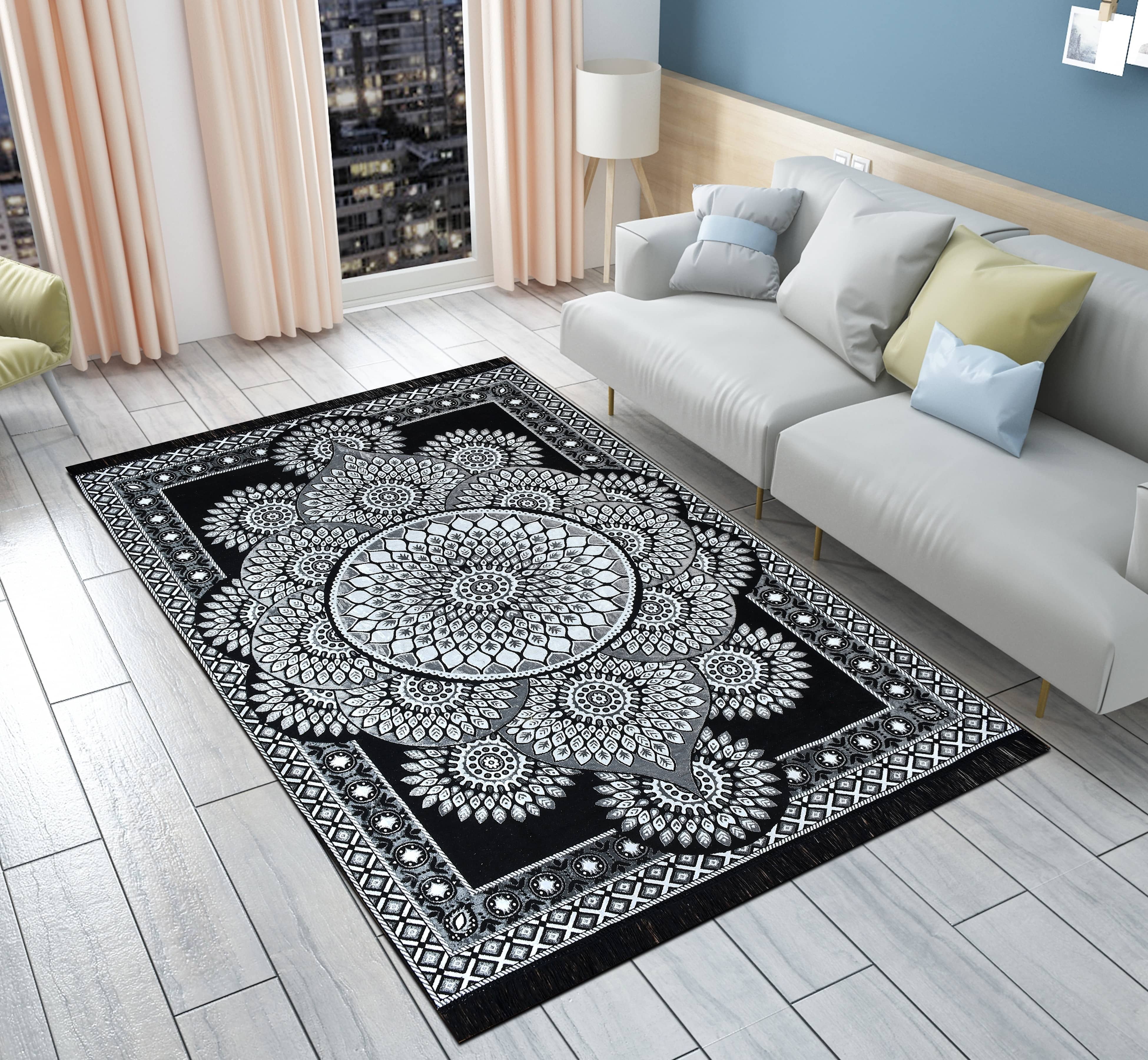 FURNISHING HUT Black Cotton Carpet Abstract 5x7 Ft