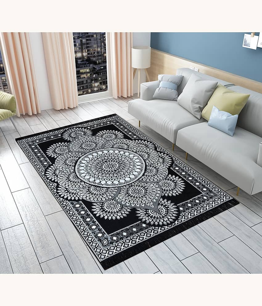 FURNISHING HUT Black Cotton Carpet Abstract 5x7 Ft