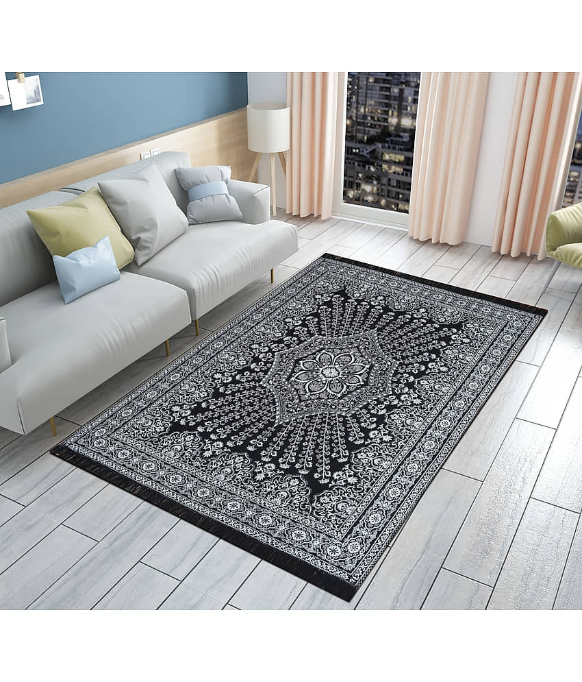 FURNISHING HUT Black Cotton Carpet Abstract 5x7 Ft