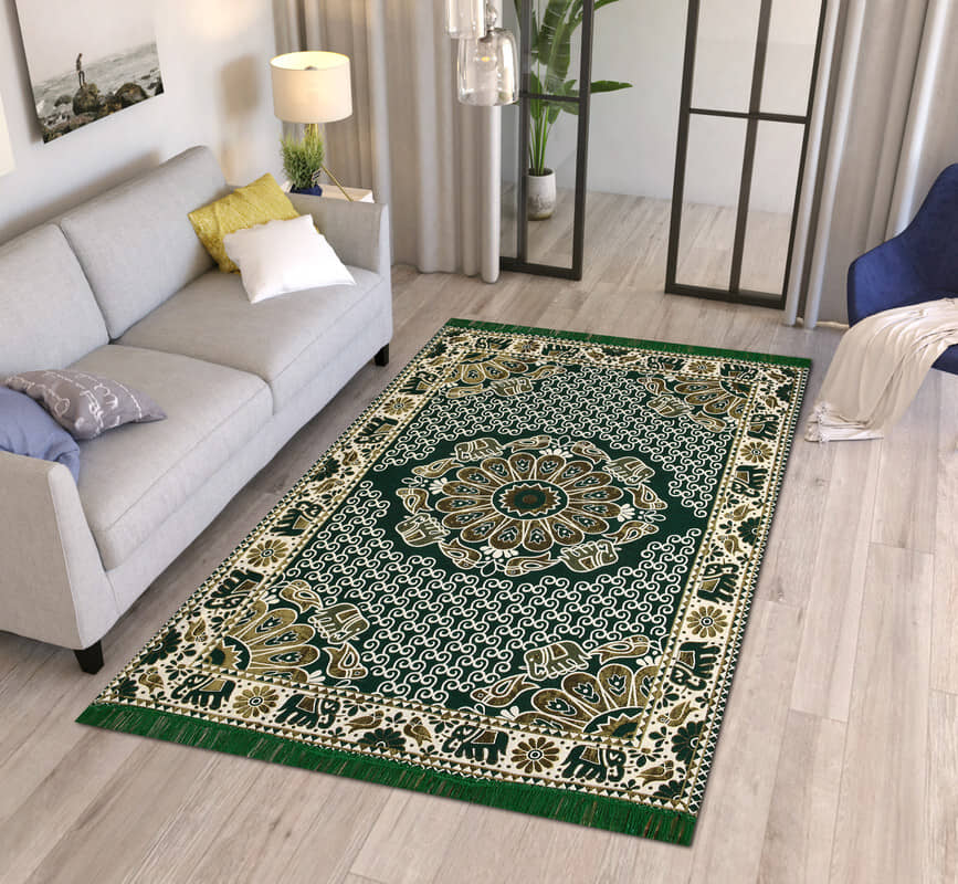 FURNISHING HUT Green Cotton Carpet Abstract 5x7 Ft