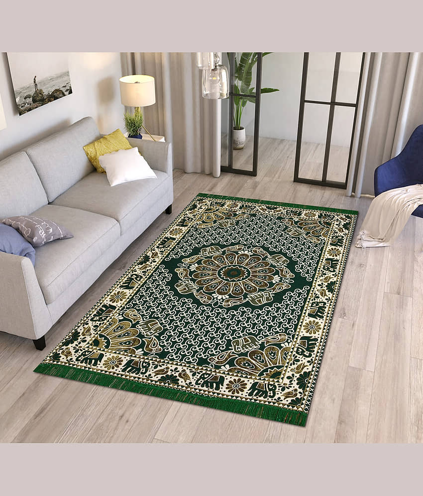FURNISHING HUT Green Cotton Carpet Abstract 5x7 Ft