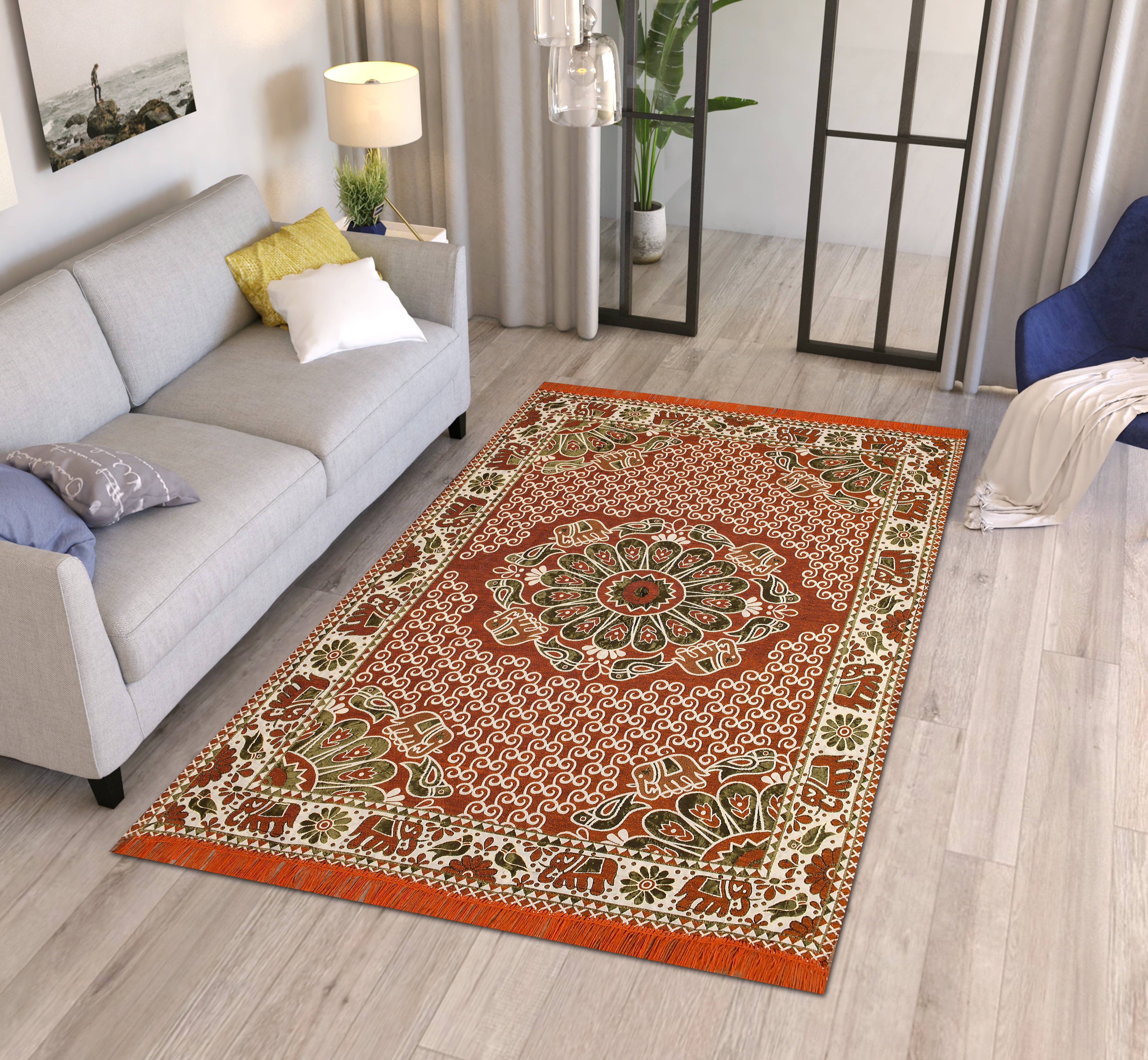     			FURNISHING HUT Orange Cotton Carpet Abstract 5x7 Ft
