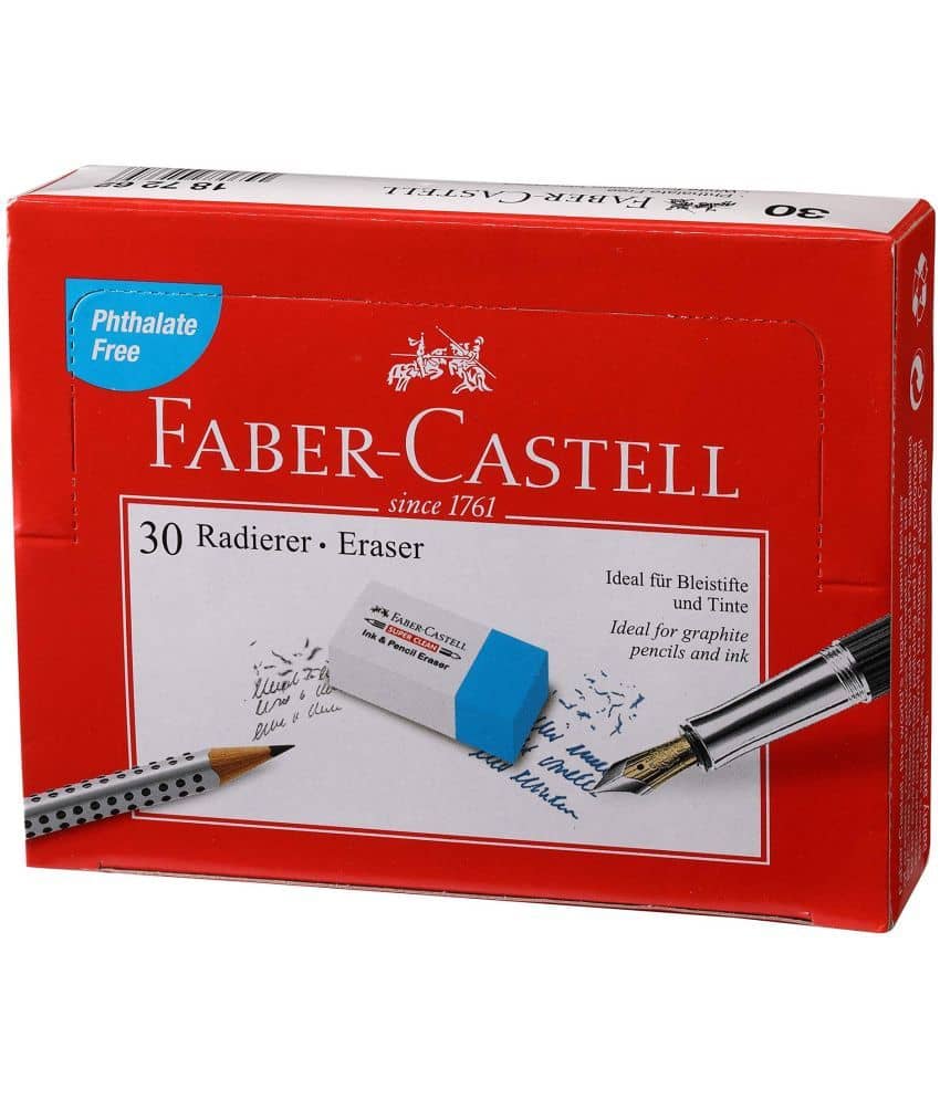 Faber-Castell Ink and Pencil Eraser - Pack of 30 (White and Blue)